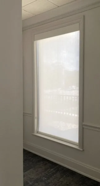 Inside mount roller shade and valance. Valance flush with wall. Fabric valance 5 inch height with 1 percent oyster beige shade.jpg