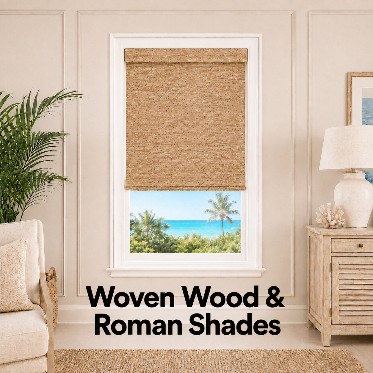A cozy living room with woven wood and Roman shades on the window, featuring a view of palm trees and the ocean outside, decorated with neutral tones and tropical accents.