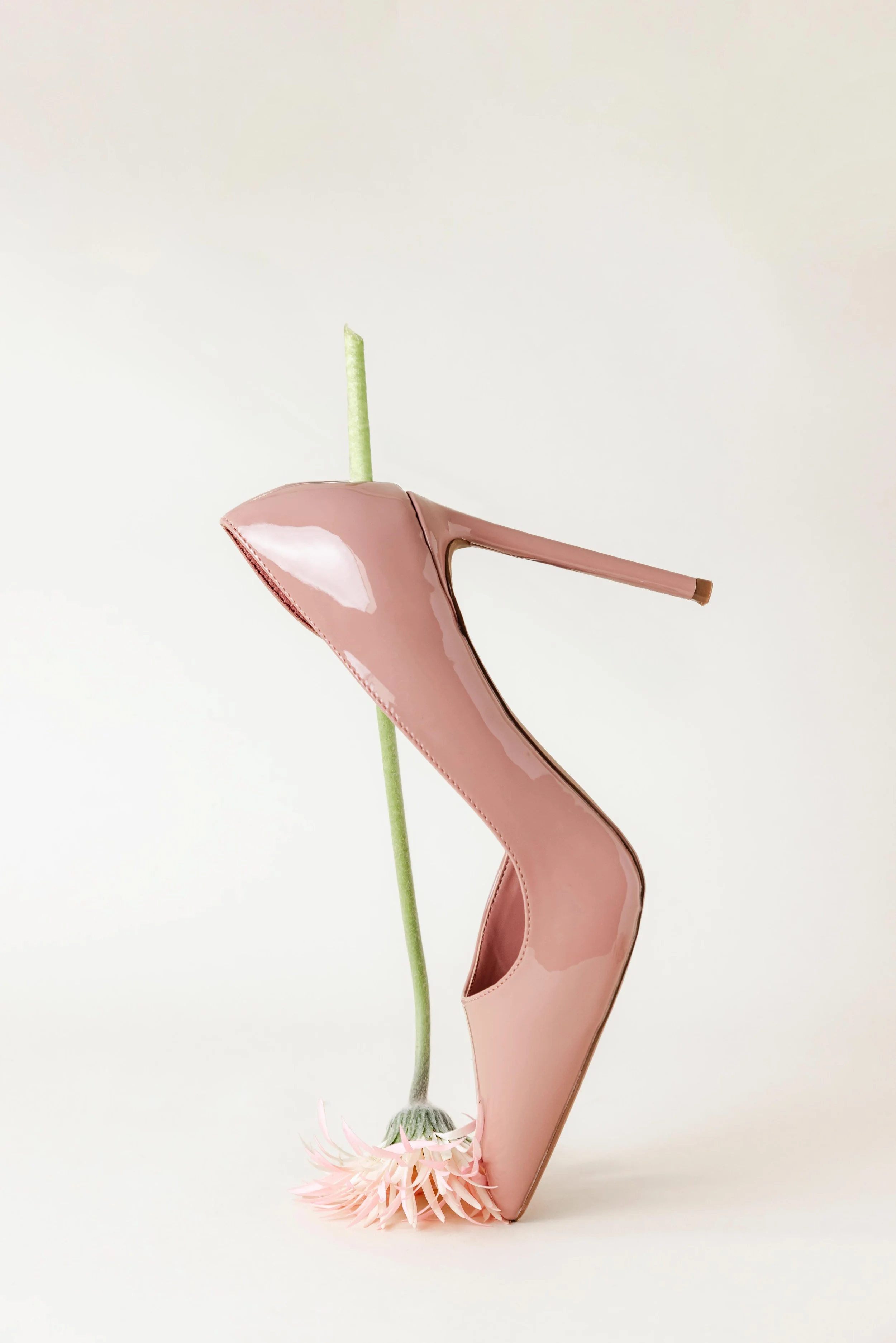 Nature morte d'un escarpin rose poudré en équilibre sur sa pointe
