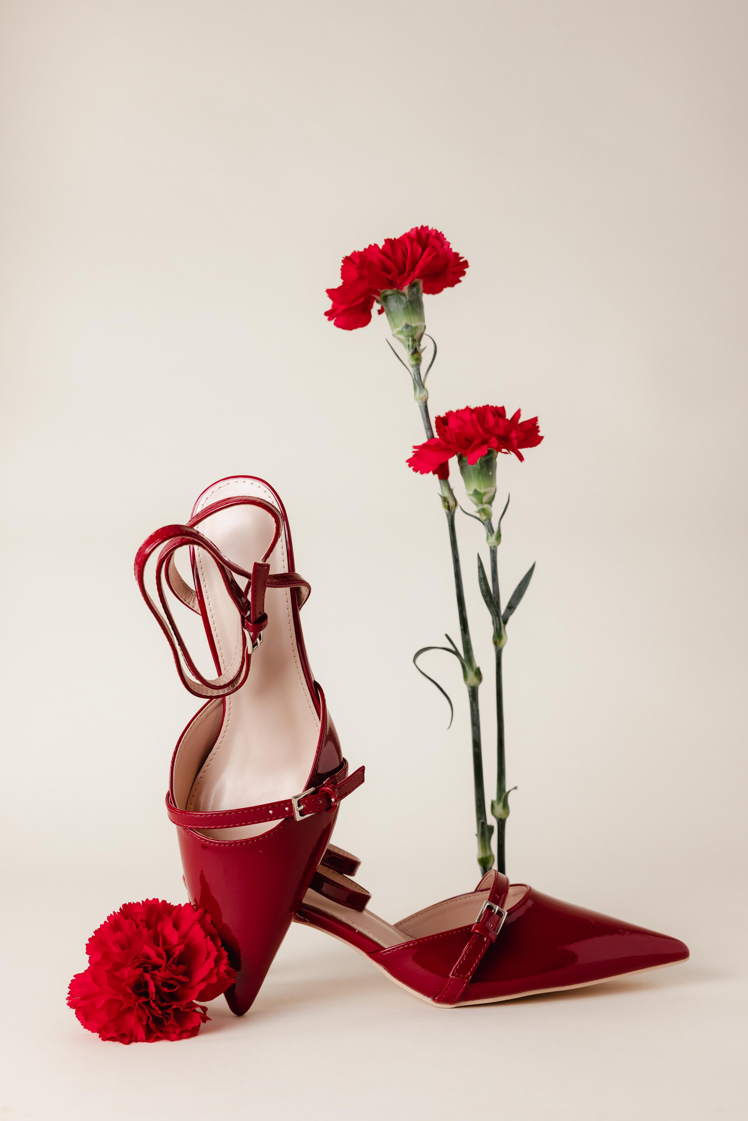 Nature mortes d'une paire de chaussures vernis rouge entourée de fleurs