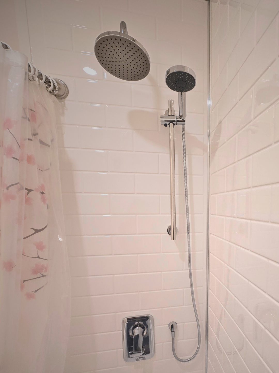 White and Pink Bathroom white shower walls