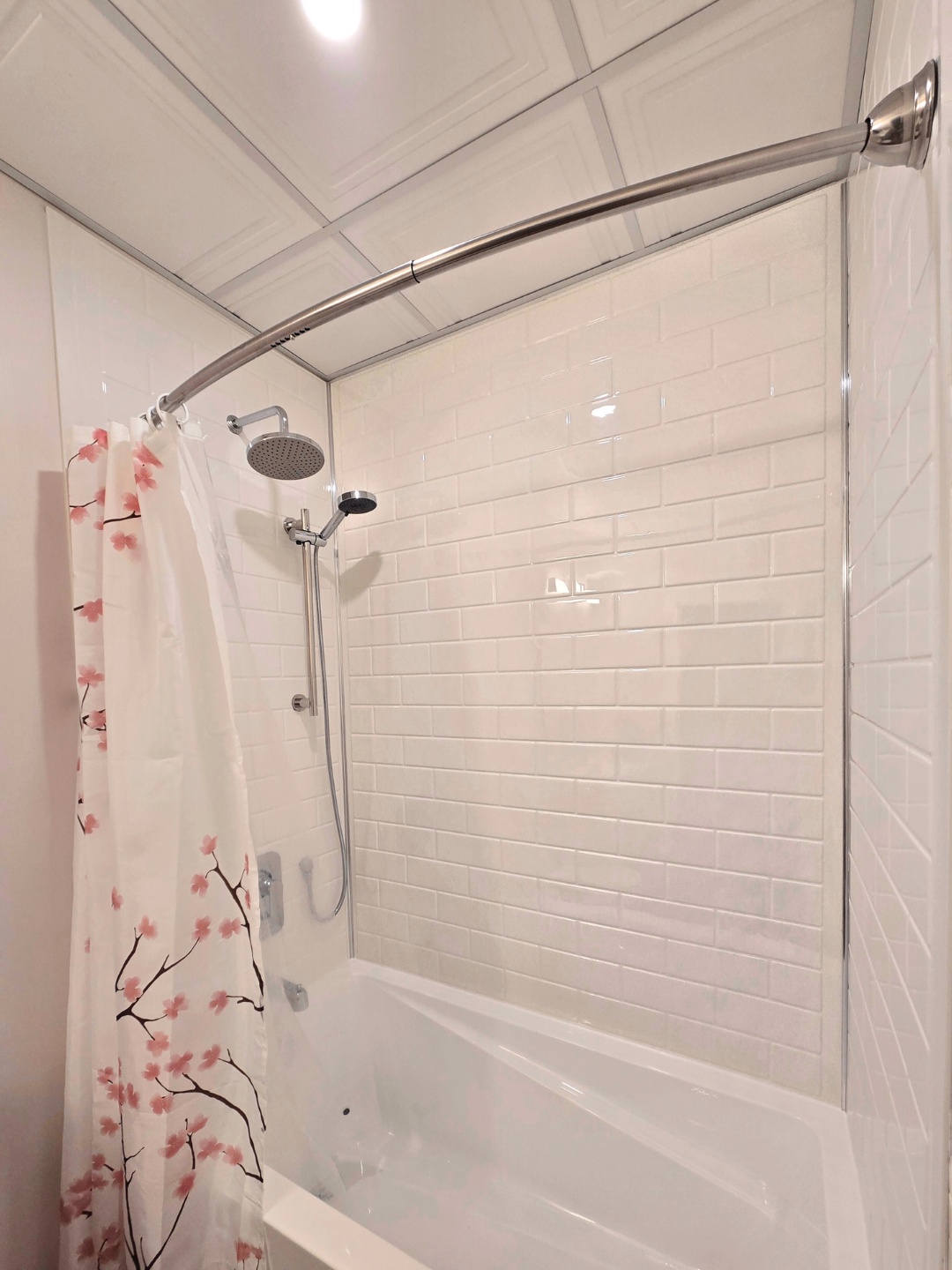 White and Pink Bathroom white shower walls