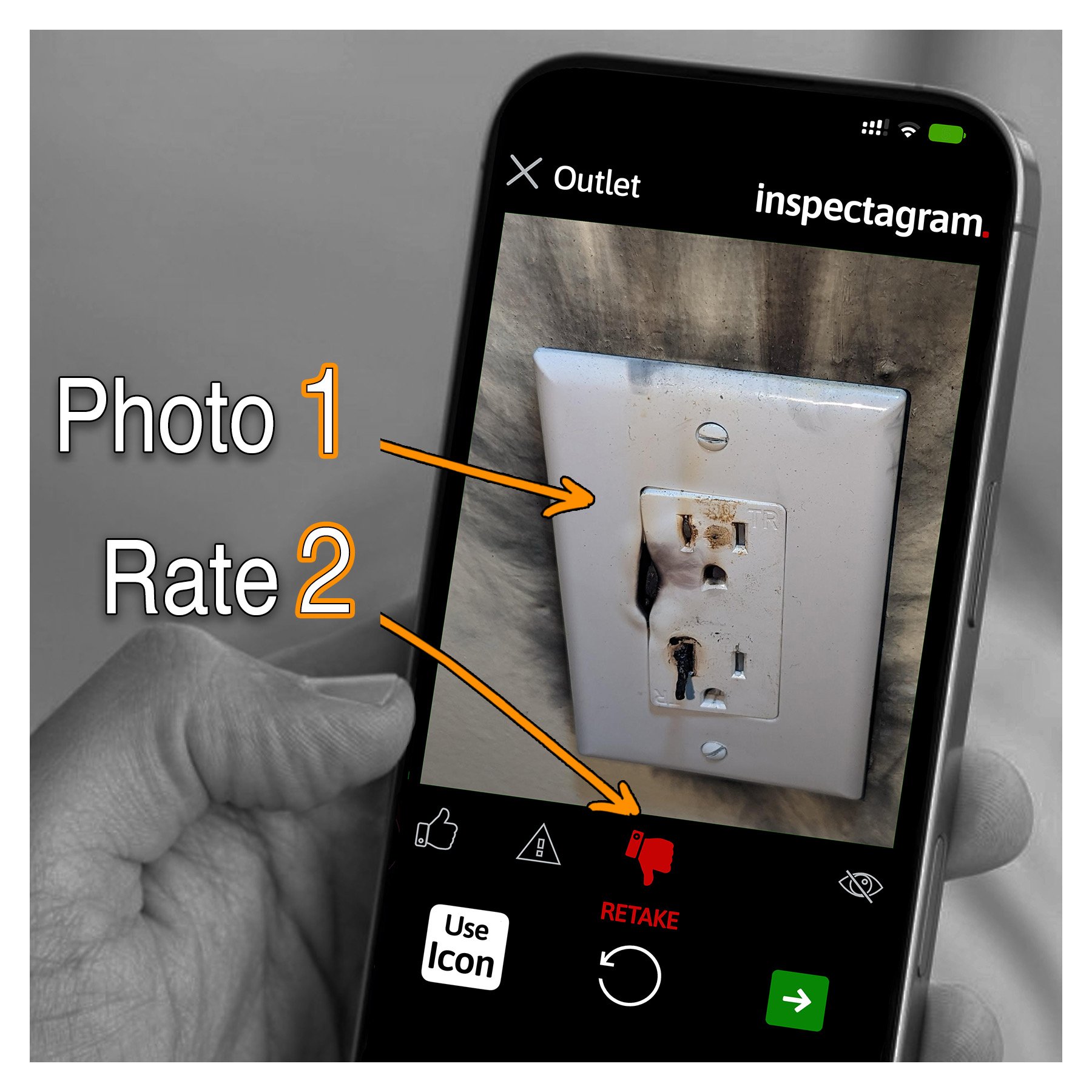 1. Take photo 2. Pick rating.