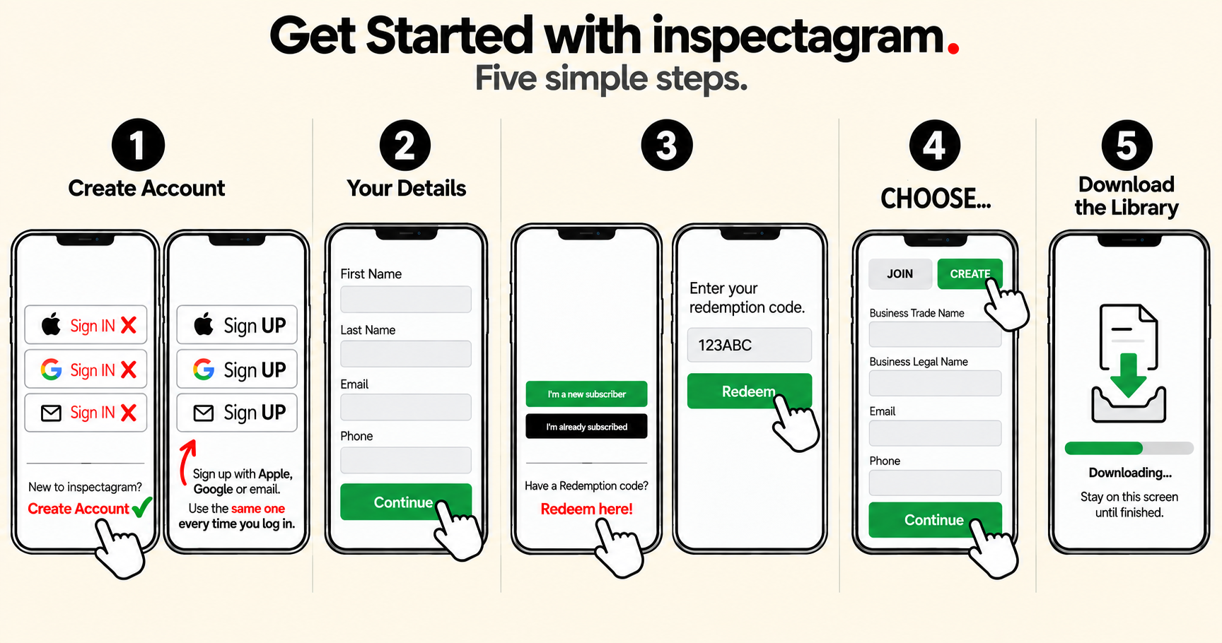 Five-step guide to creating an inspectagram account, redeeming a code, setting up business details and downloading the library