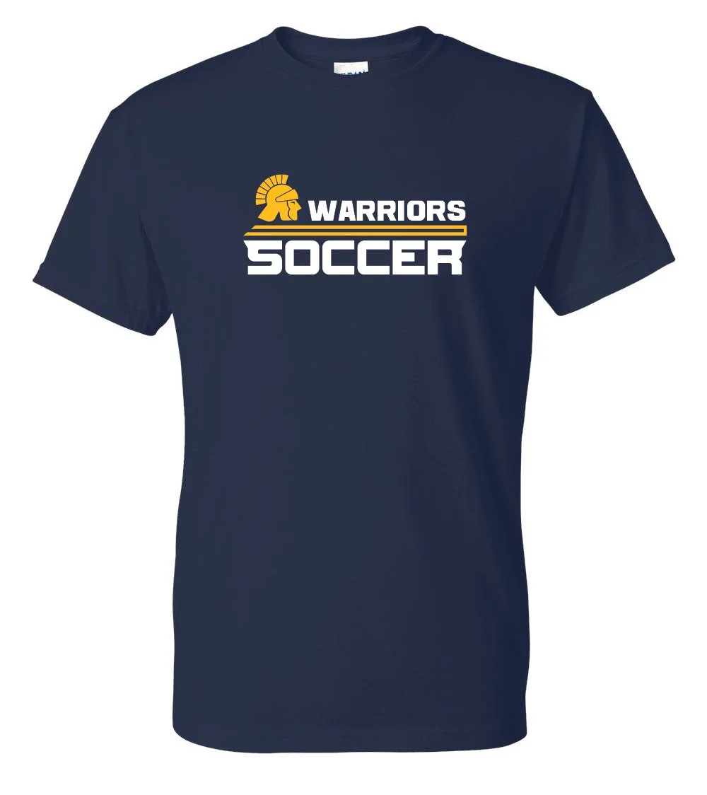 navy blue t-shirt with a gold Wausau West Warriors Soccer screen-printed design