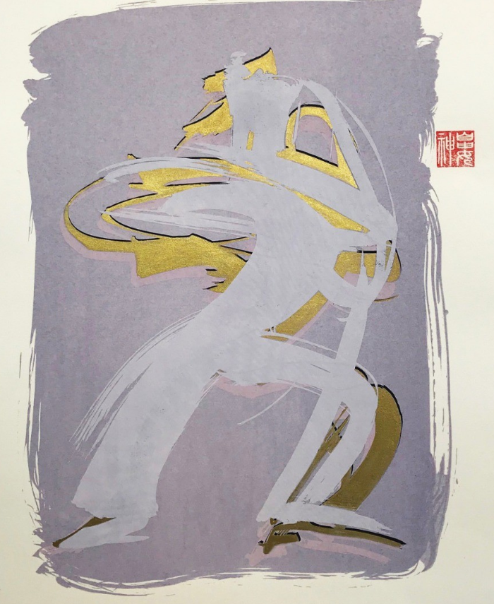 "Warrioress", 2018, h: 70 cm, w: 50 cm, monotypie, screen print and gold.