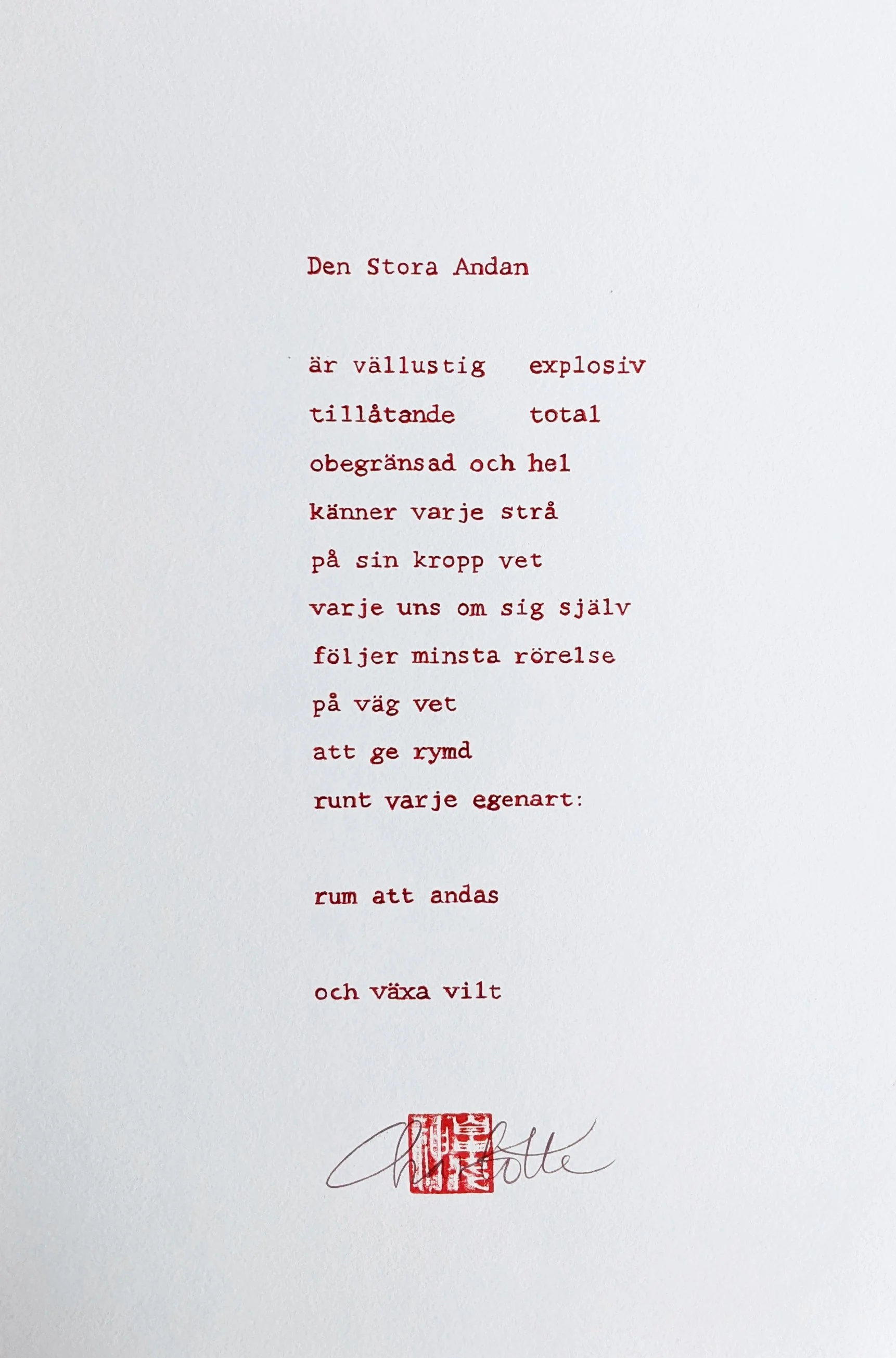 Poem, "Den Stora Andan", h: 50 cm, w: 33 cm, hand texted on watercolor paper.