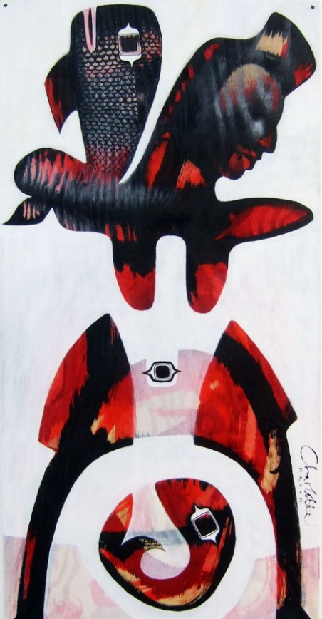 "Kachina Fish Mother-Chochmingwu", india ink/tempera/gesso primer on wood, 2009, Edsvik Exhibition Hall, h: 90 cm, w: 44 cm.