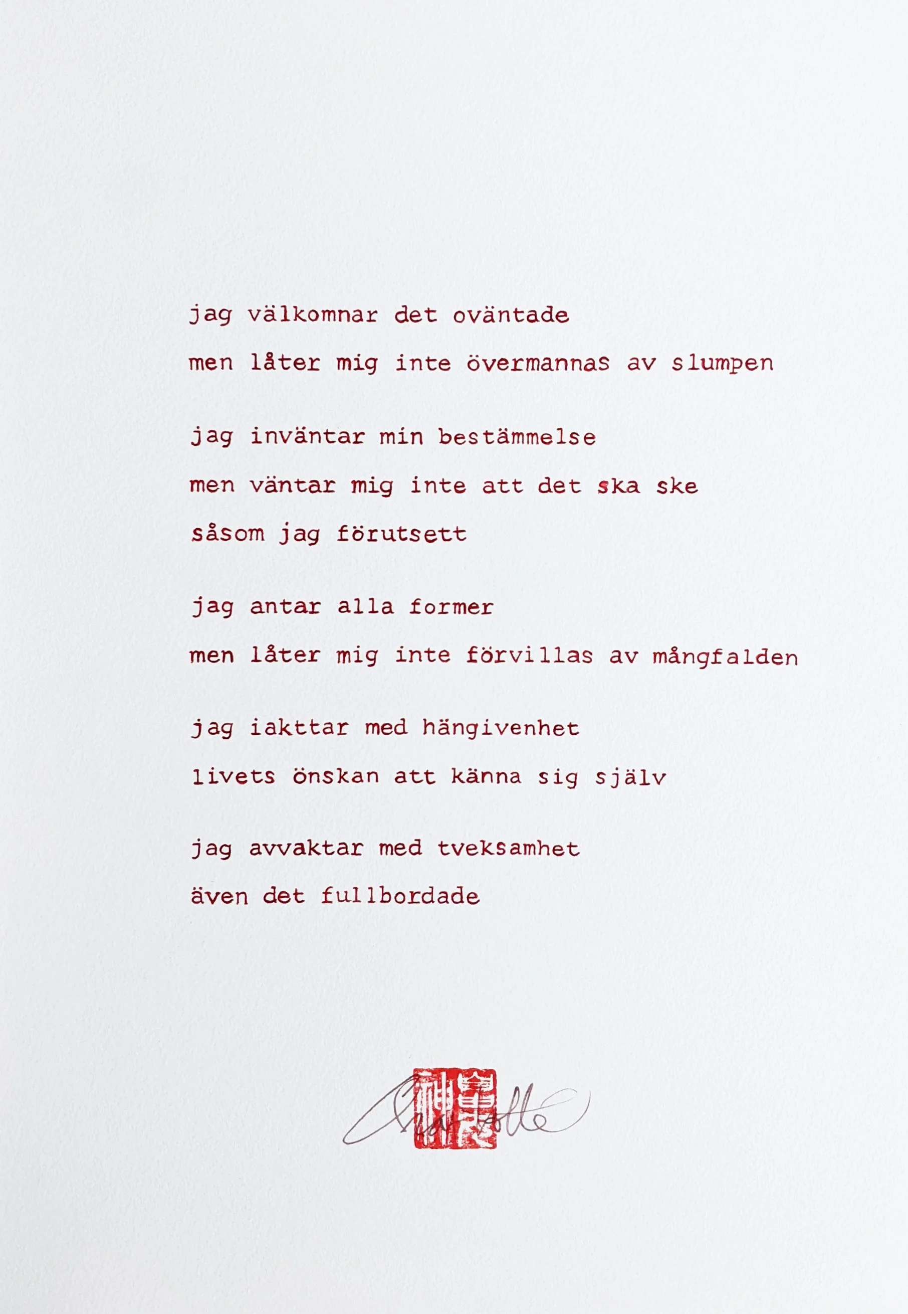 Poem, "Inväntande", h: 50 cm, w: 33 cm, hand texted on watercolor paper.