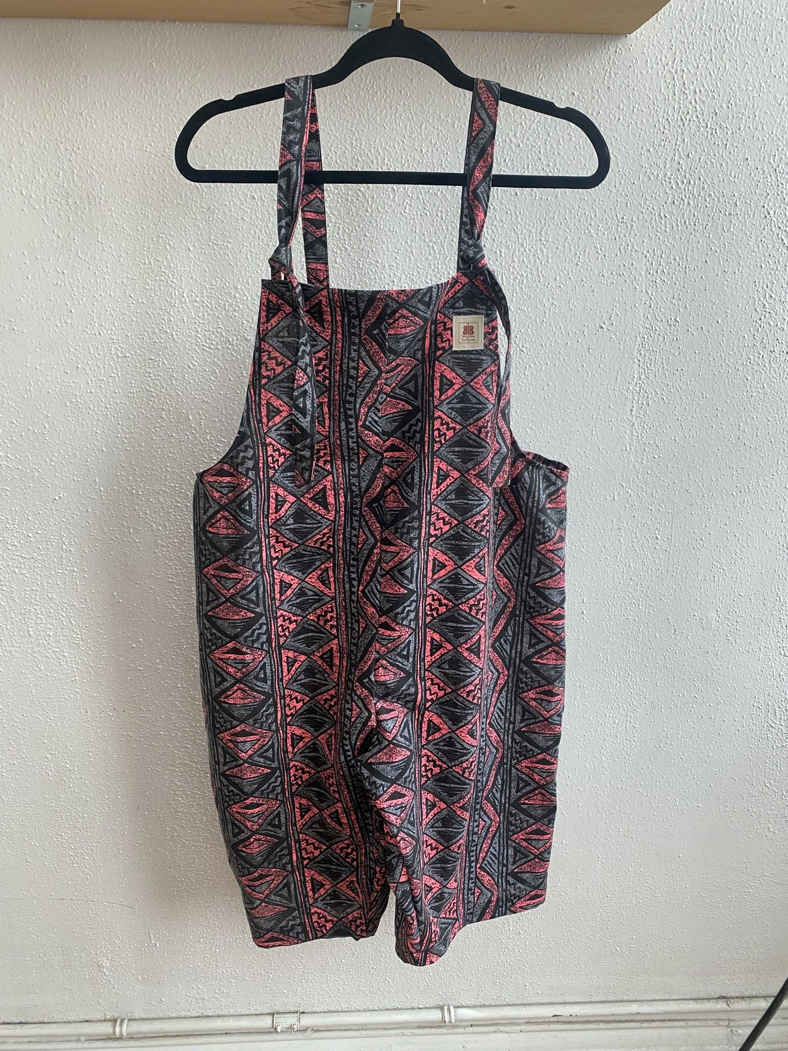 Pink & Black Aztec Print Short Overalls | Upcycled Cotton Dungaree Shorts | Handmade in Nelson, BC - size XL