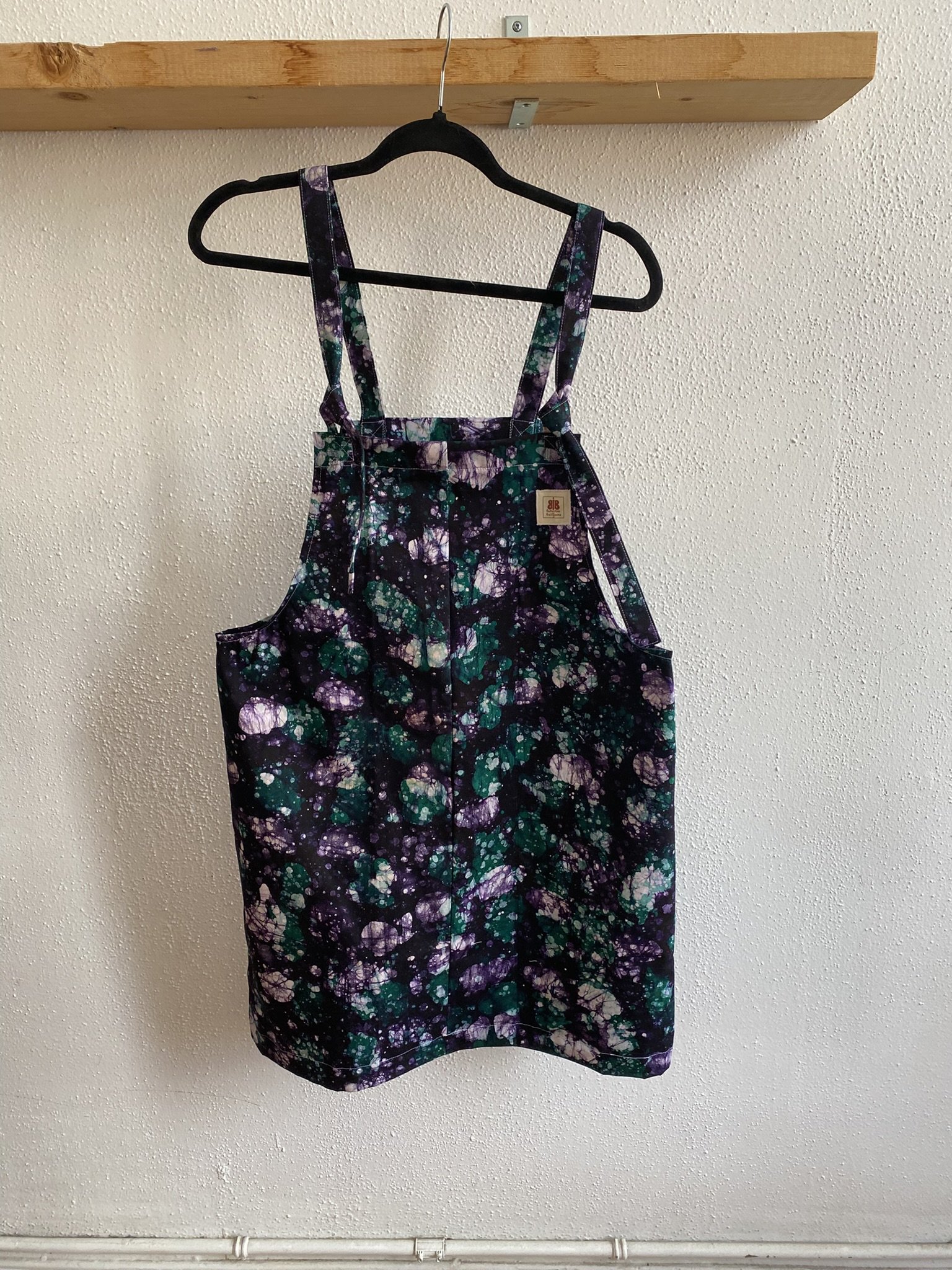 Deep Purple & Emerald Green Cosmic | Upcycled Dungaree Dress | Handmade in Nelson, BC - size large
