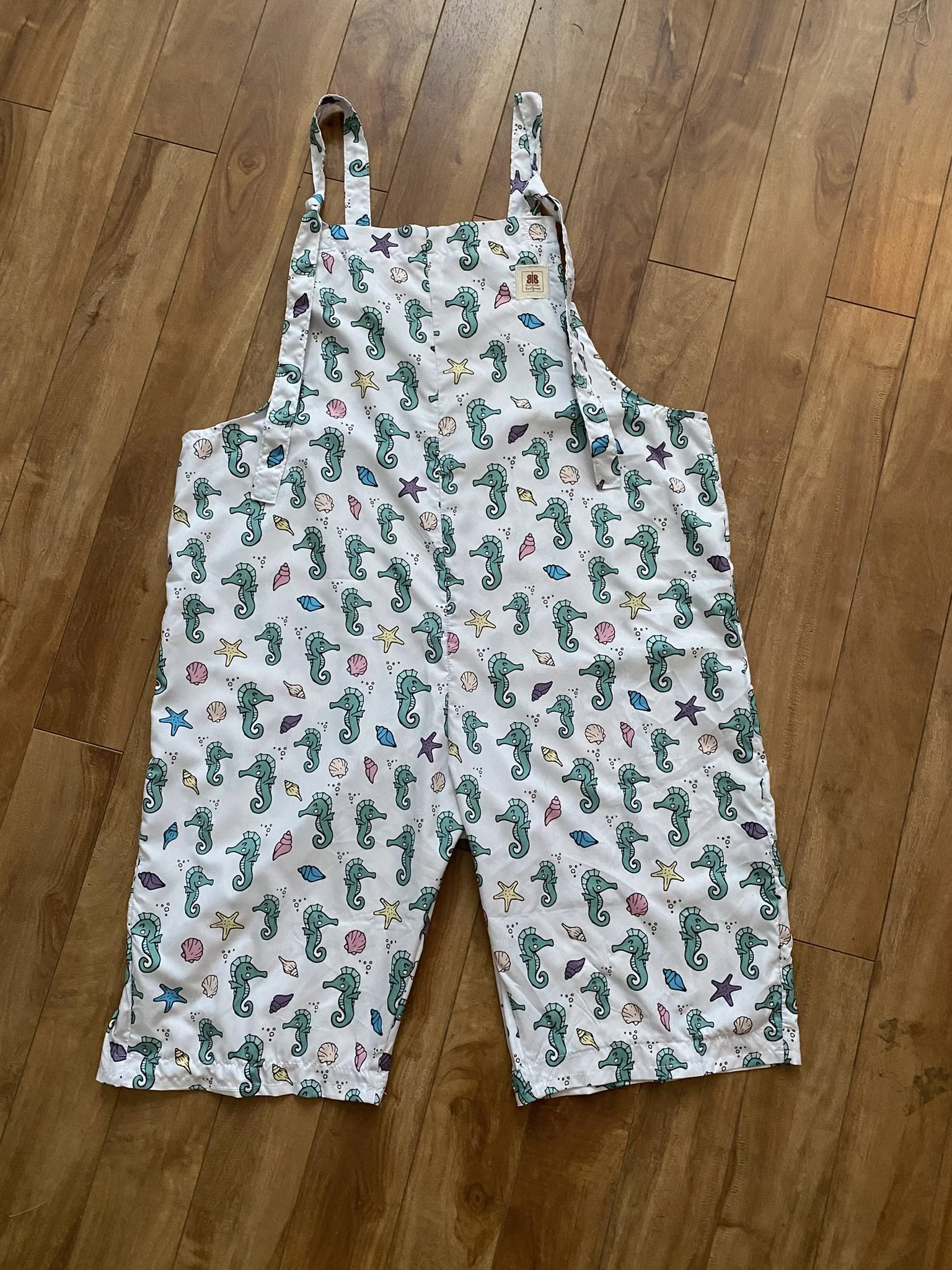 Sea Horse & Shell | Upcycled Dungaree Shorts | Handmade in Nelson, BC - size XL