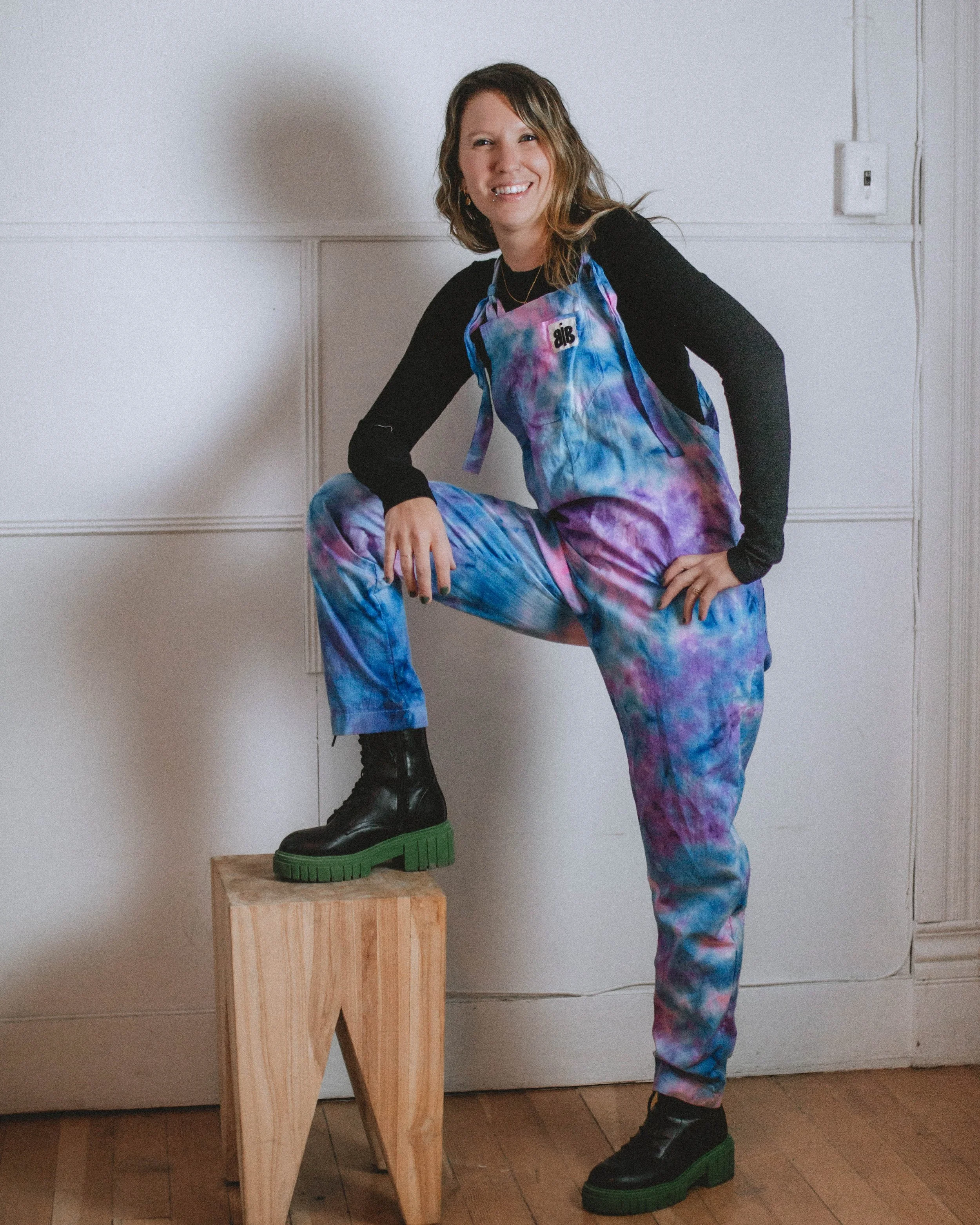 Purple & Blue tie dye dungarees - size S