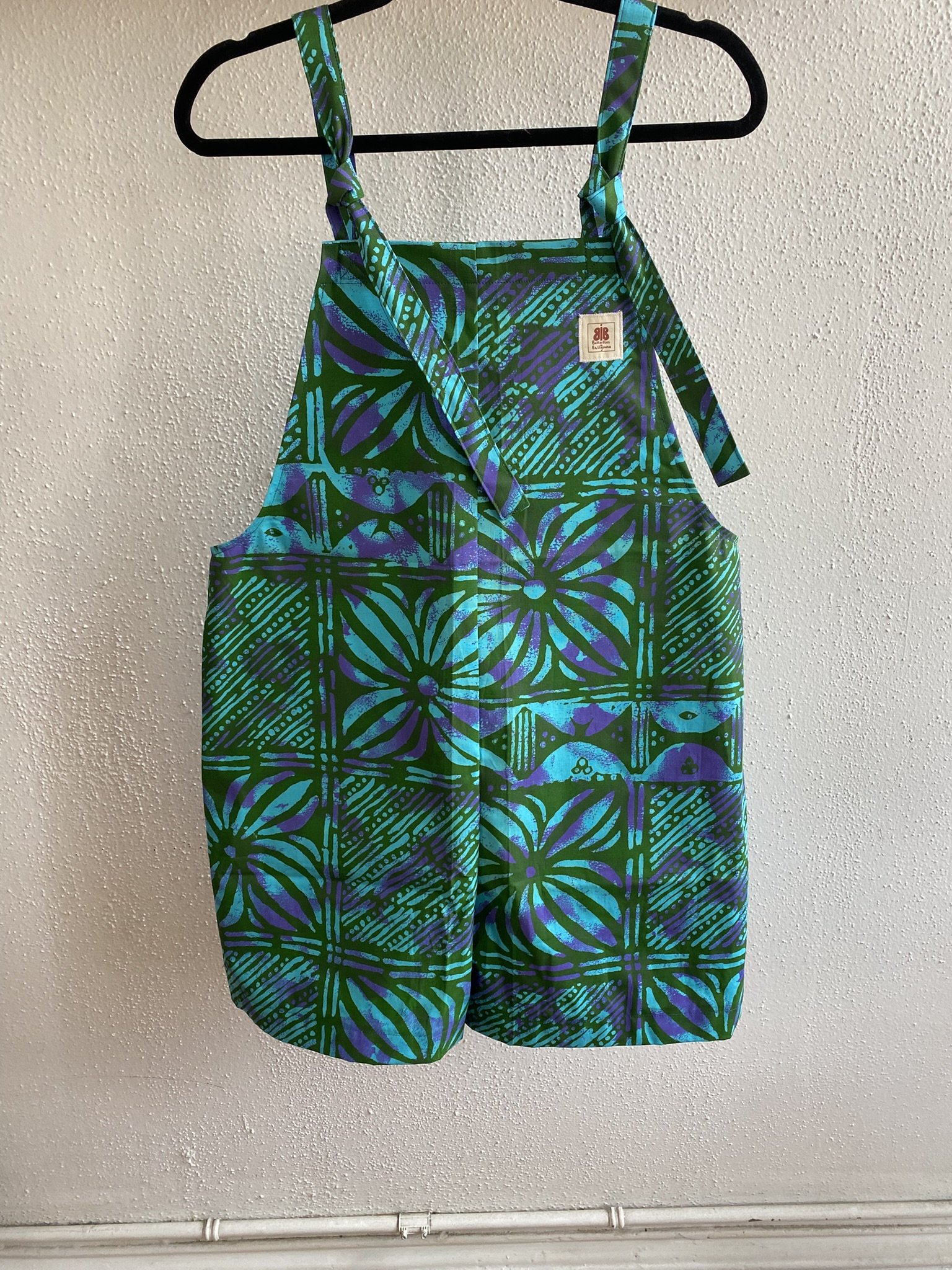 Retro Tropical Print | Upcycled Cotton Dungaree Shorts | Handmade in Nelson, BC - size medium