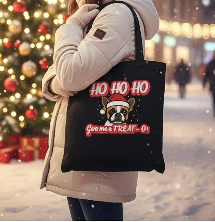 Christmas French Bulldog Tote Bag - Ho Ho Ho Give Me a Treat-O (Pied Fawn Frenchie)