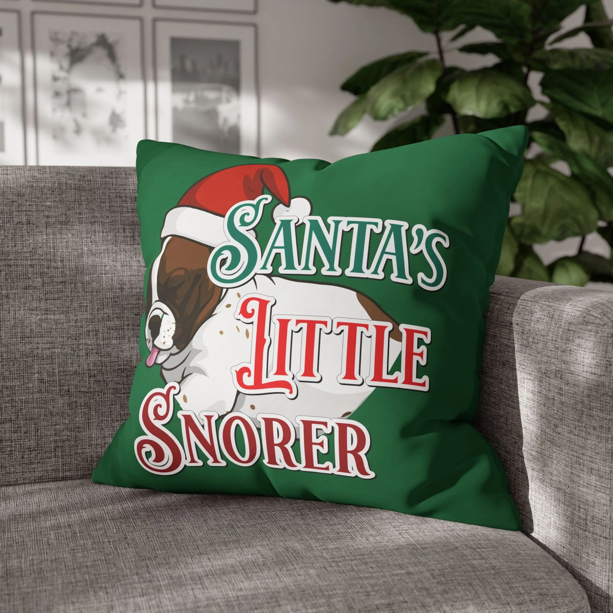 Christmas French Bulldog Pillow Case / Frenchie Cushion Cover - Santa's Little Snorer (Pied Fawn Frenchie)