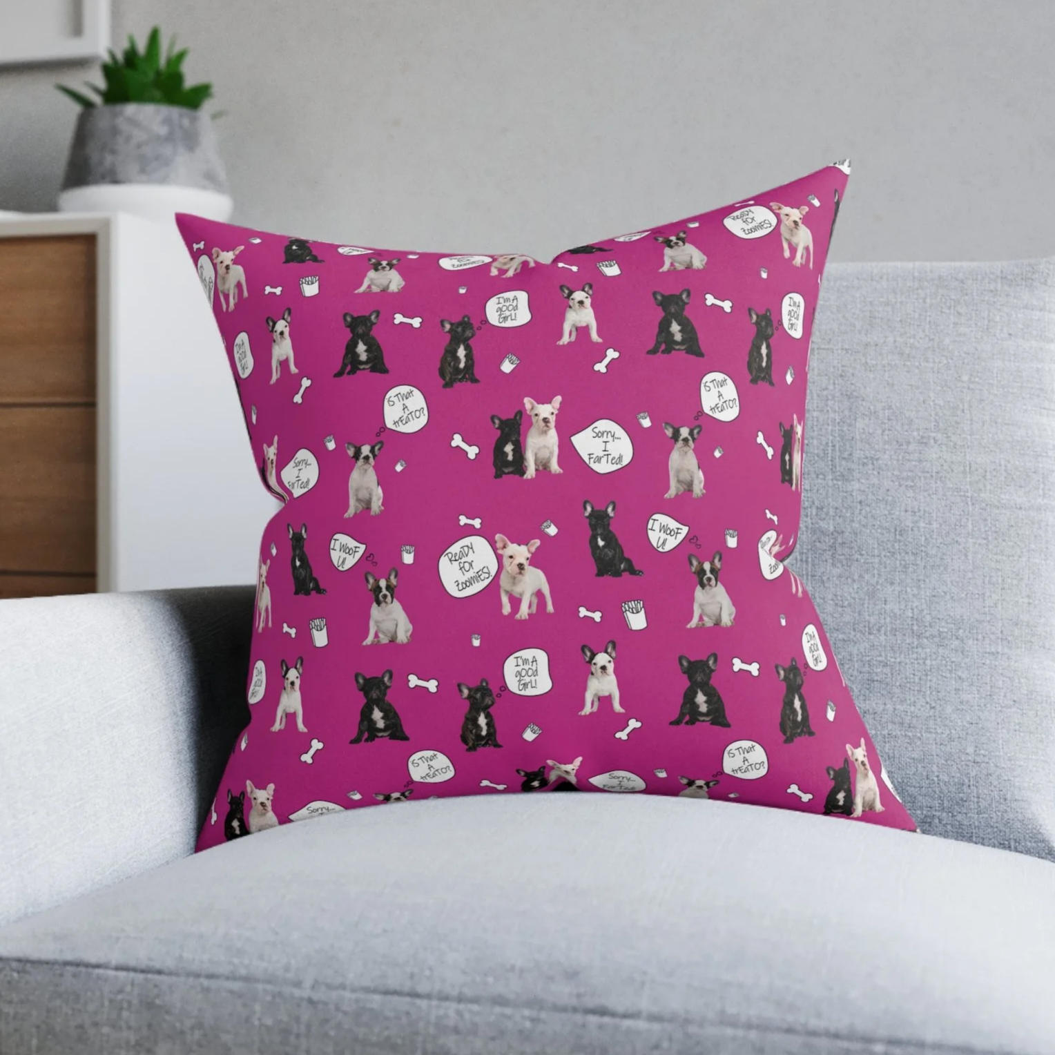 French Bulldog Pillow - Frenchie Puppy Paradise (Pink)