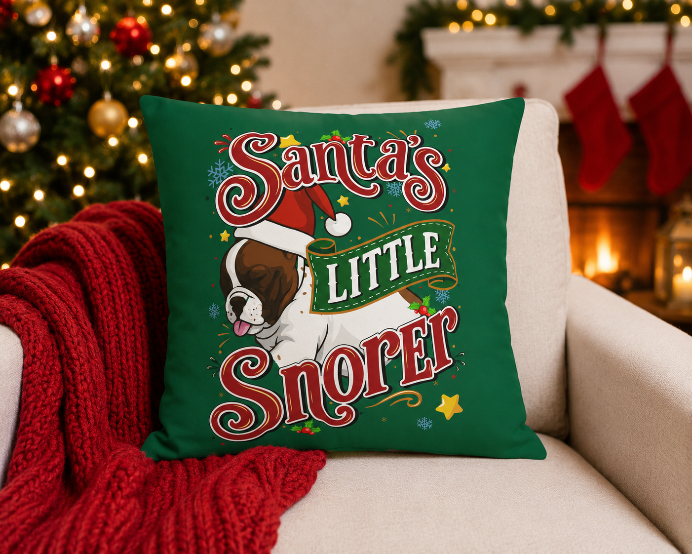 Christmas French Bulldog Pillow Case / Frenchie Cushion Cover - Santa's Little Snorer (Pied Fawn Frenchie)