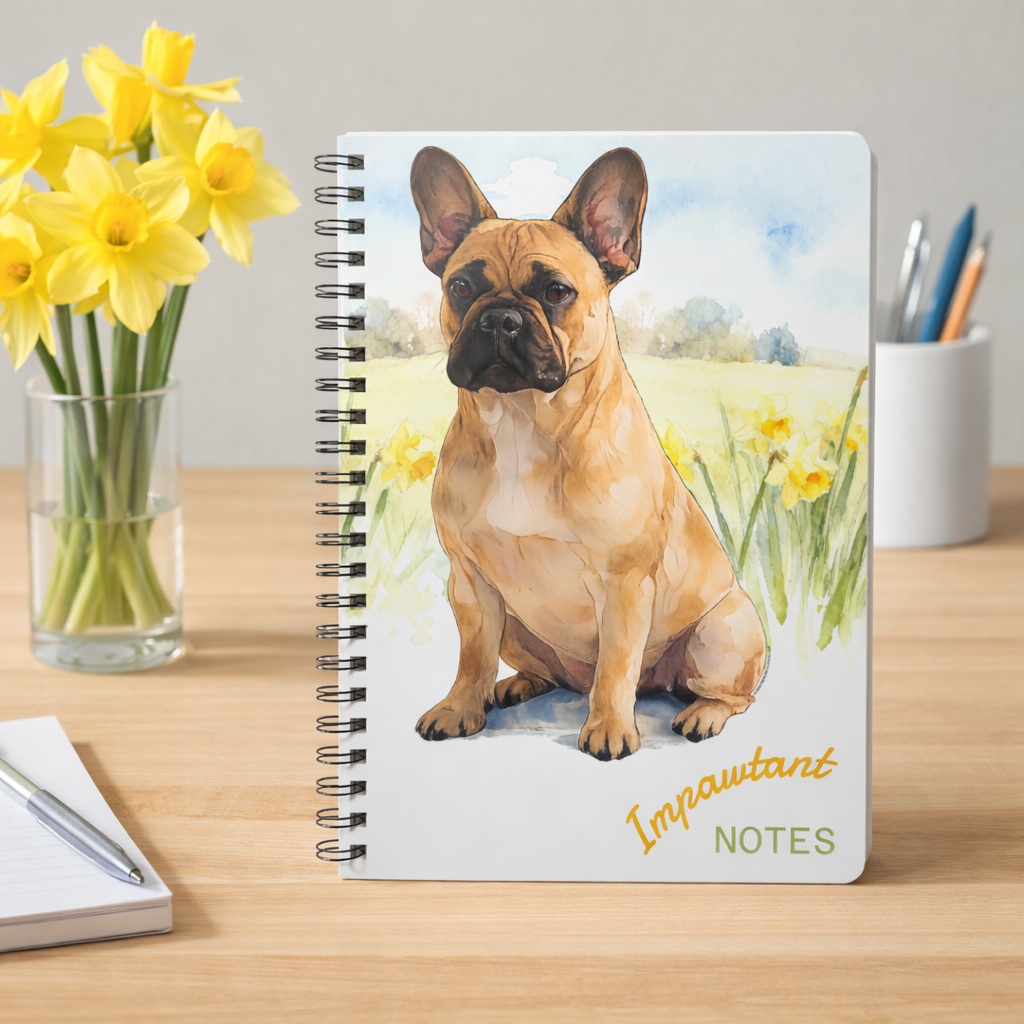French Bulldog Notebook - Impawtant Notes - Spring Frenchie in Daffodil Field Watercolours