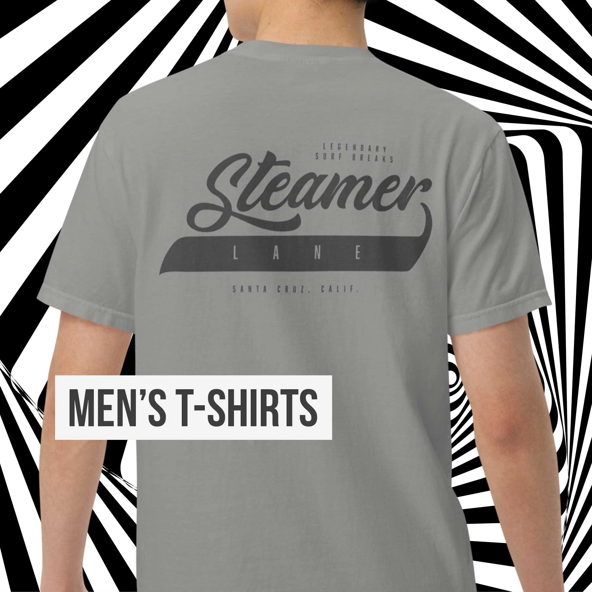 Back view of a man wearing a gray Steamer Lane Santa Cruz T-shirt with a bold surf logo, displayed over a black-and-white abstract background with the text “Men’s T-Shirts.”
