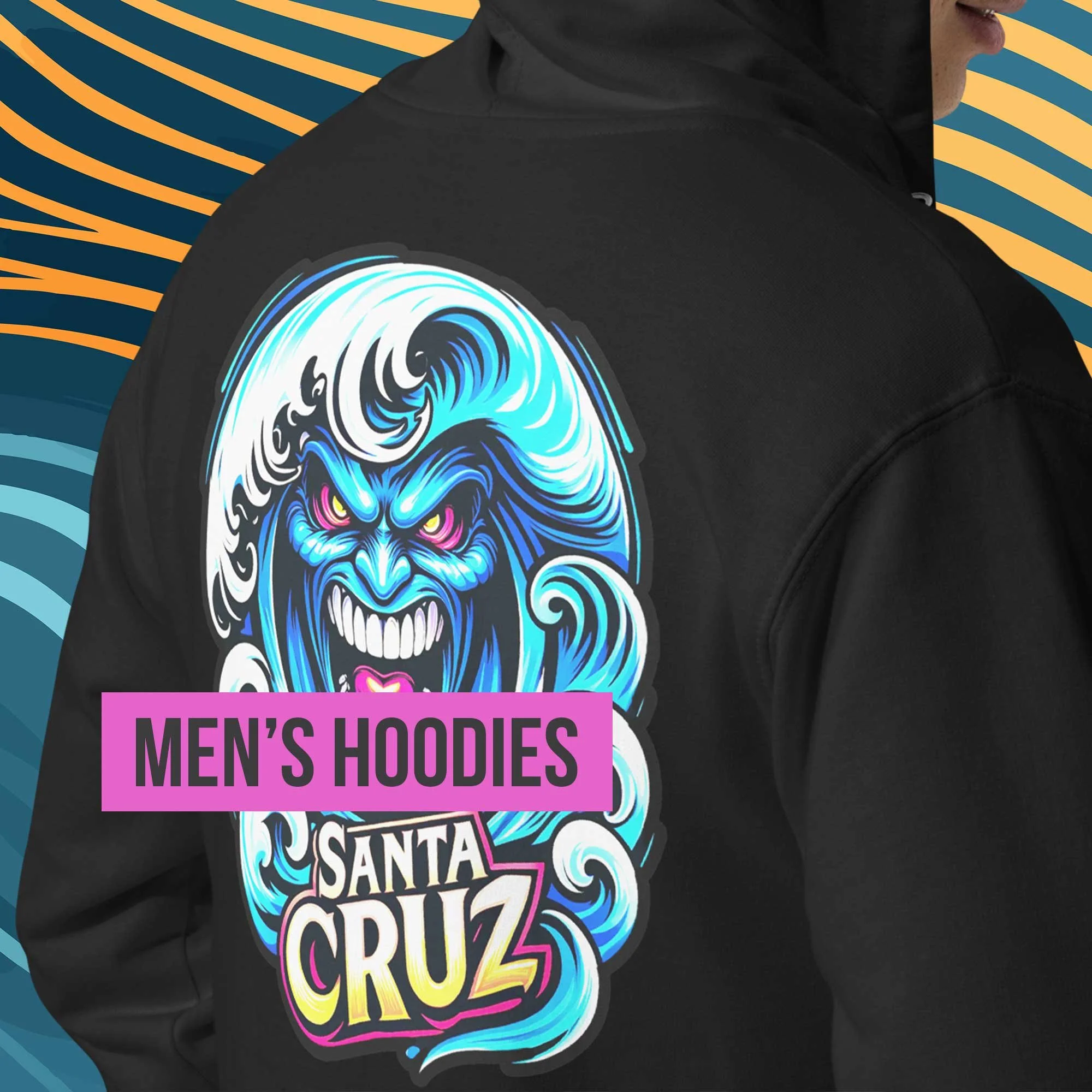 Back view of a black Santa Cruz men’s hoodie featuring a vibrant blue wave-faced graphic design, displayed over a colorful surf-inspired background with a pink label reading “Men’s Hoodies.”