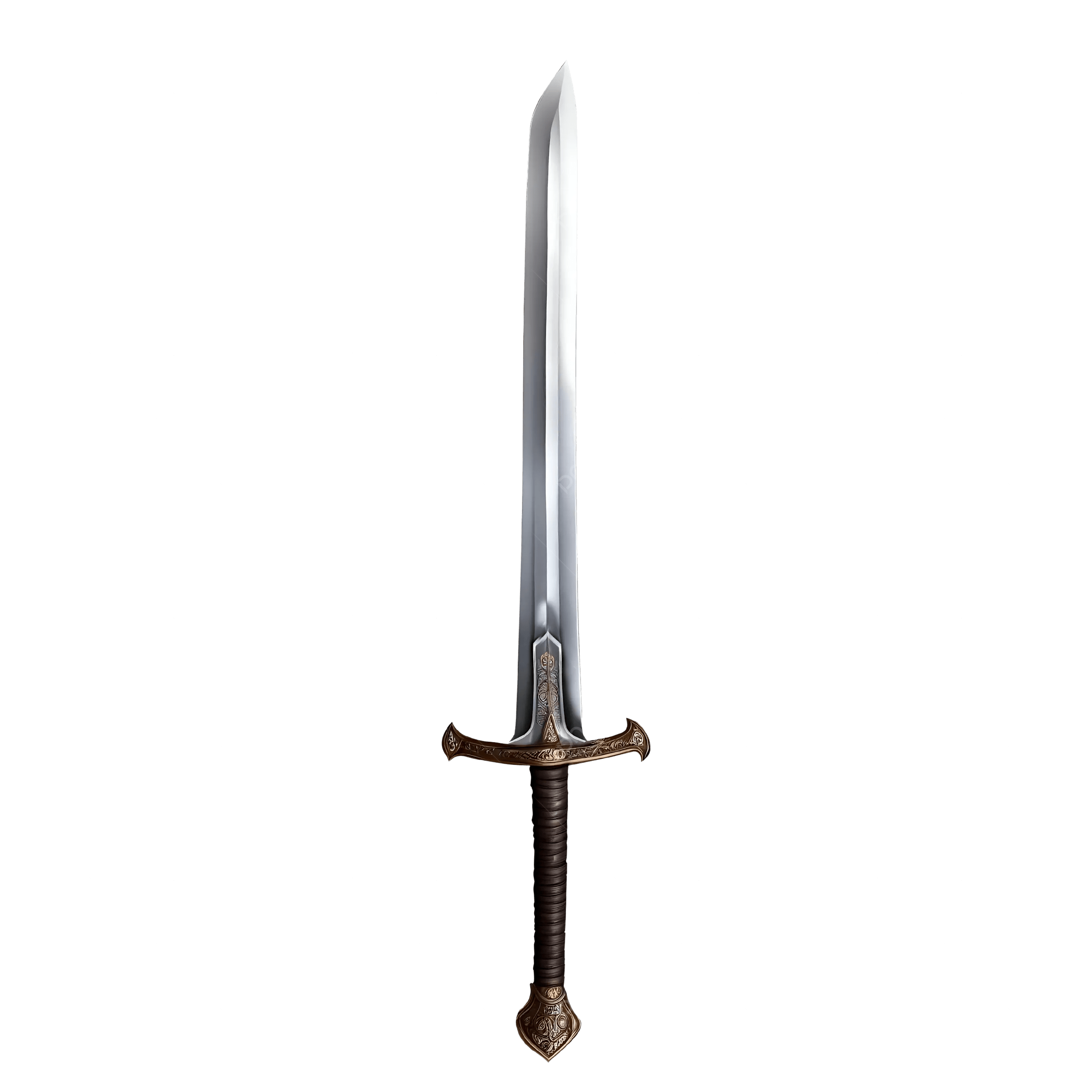 A medieval-style sword with a decorated hilt and a long, straight blade against a black background.