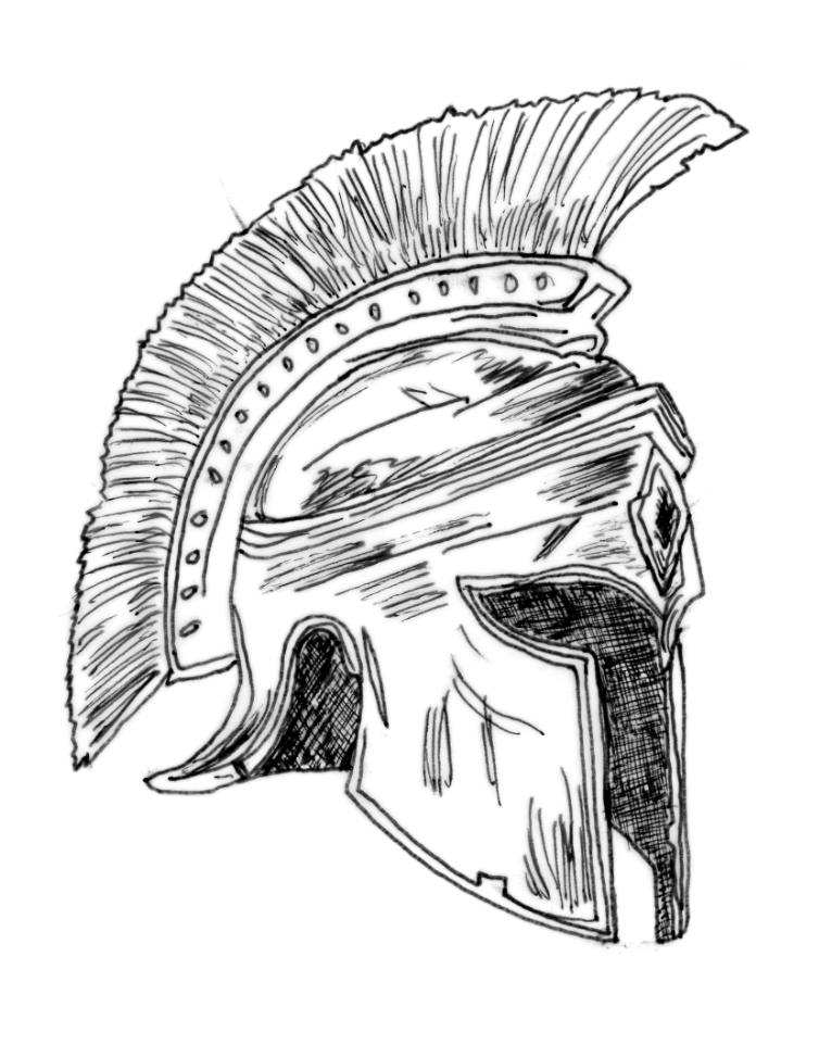 A black and white sketch of an ancient Greek or Roman-style helmet with a crest and face guard.