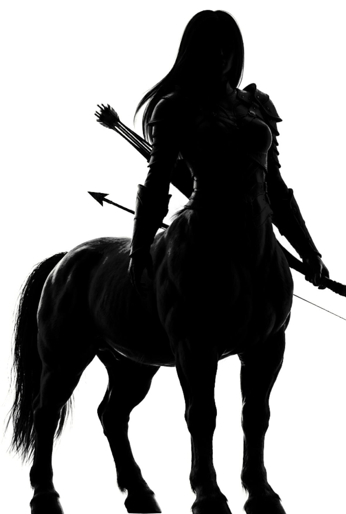 Silhouette of a female warrior on horseback, holding a spear and with a quiver of arrows on her back.