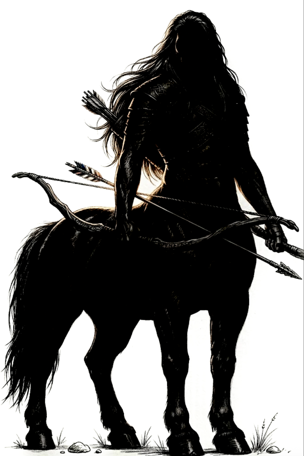Silhouette of a person with long hair riding a horse, holding a bow and arrow.