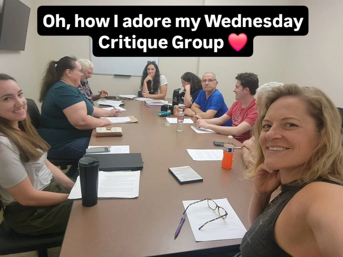 Every Wednesday we get together to read our chapters aloud. Then we share feedback, insights, and brainstorming, and not only is it FUN, but it helps us all become better writers. 

We're a mix of fantasy authors, sci-fi authors, and speculative fict