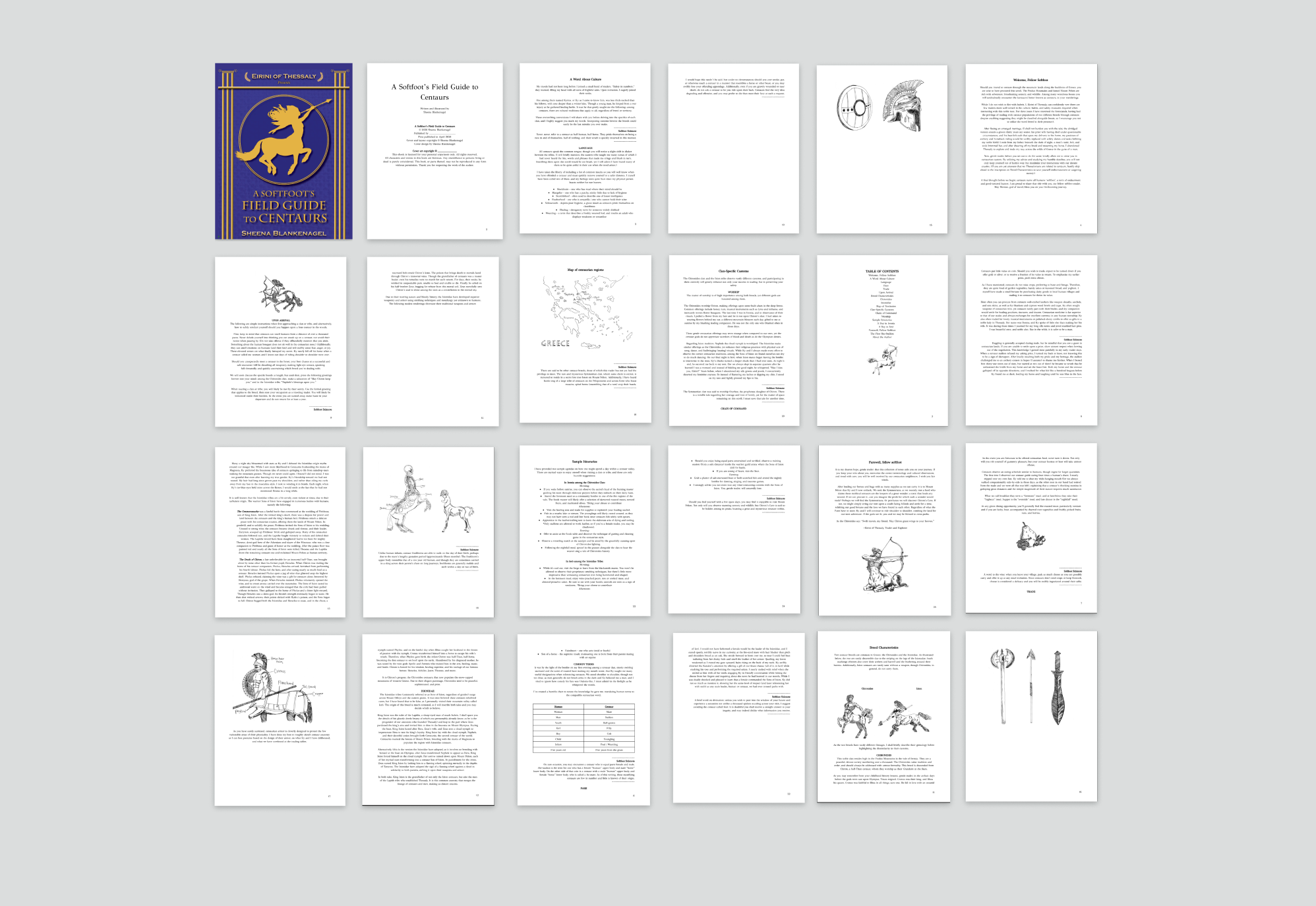 A digital image of multiple pages from a book titled "A Softfoot's Field Guide to Centaurs" and related illustrations, including a map of Greece, sketches of centaur anatomy, and other diagrams.