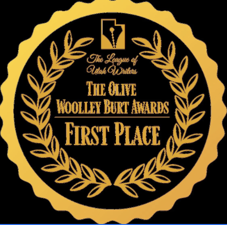 Gold and black award emblem for the Olive Woolley Burt Awards, First Place, The League of Utah Writers