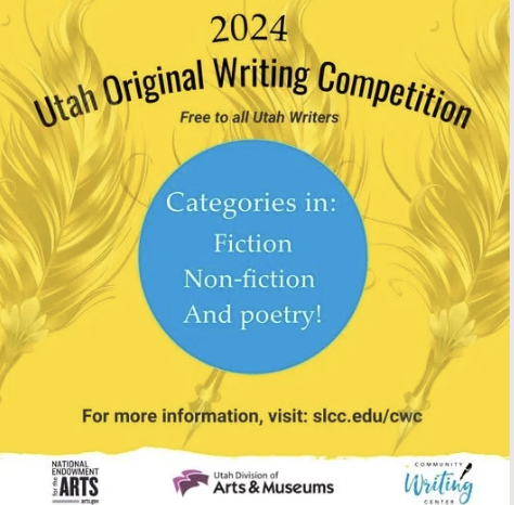 Yellow poster advertising the 2024 Utah Original Writing Competition for Utah writers, featuring categories in fiction, non-fiction, and poetry, with a web address for more info.