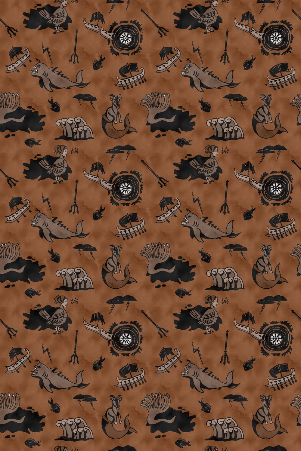 A class assignment to take a noun (sea creatures) and adding an adjective (mythical) and create a pattern with a texture added.