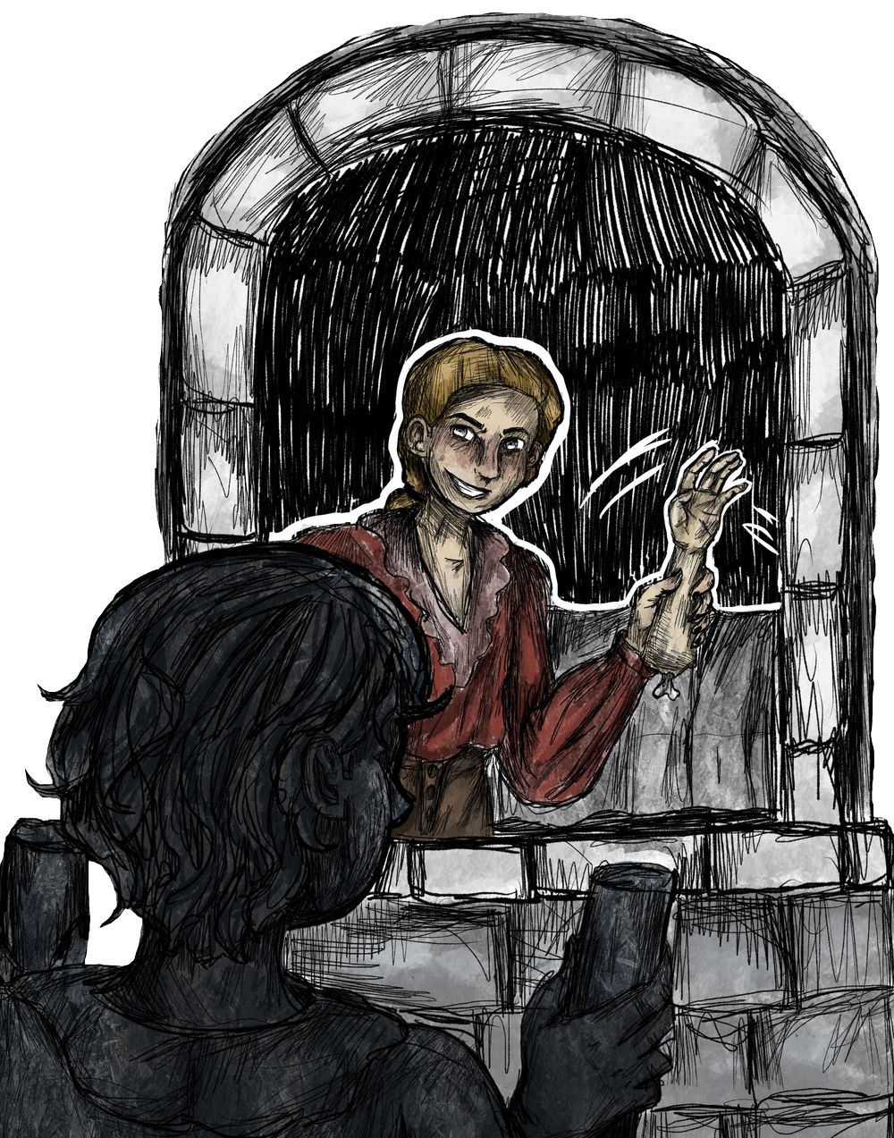 Class assignment to watch a podcast and draw an image inspired by one of the stories. The story depicted in this illustration was the 1788 Doctor's Riot, when medical students were stealing bodies from graves in order to study them.