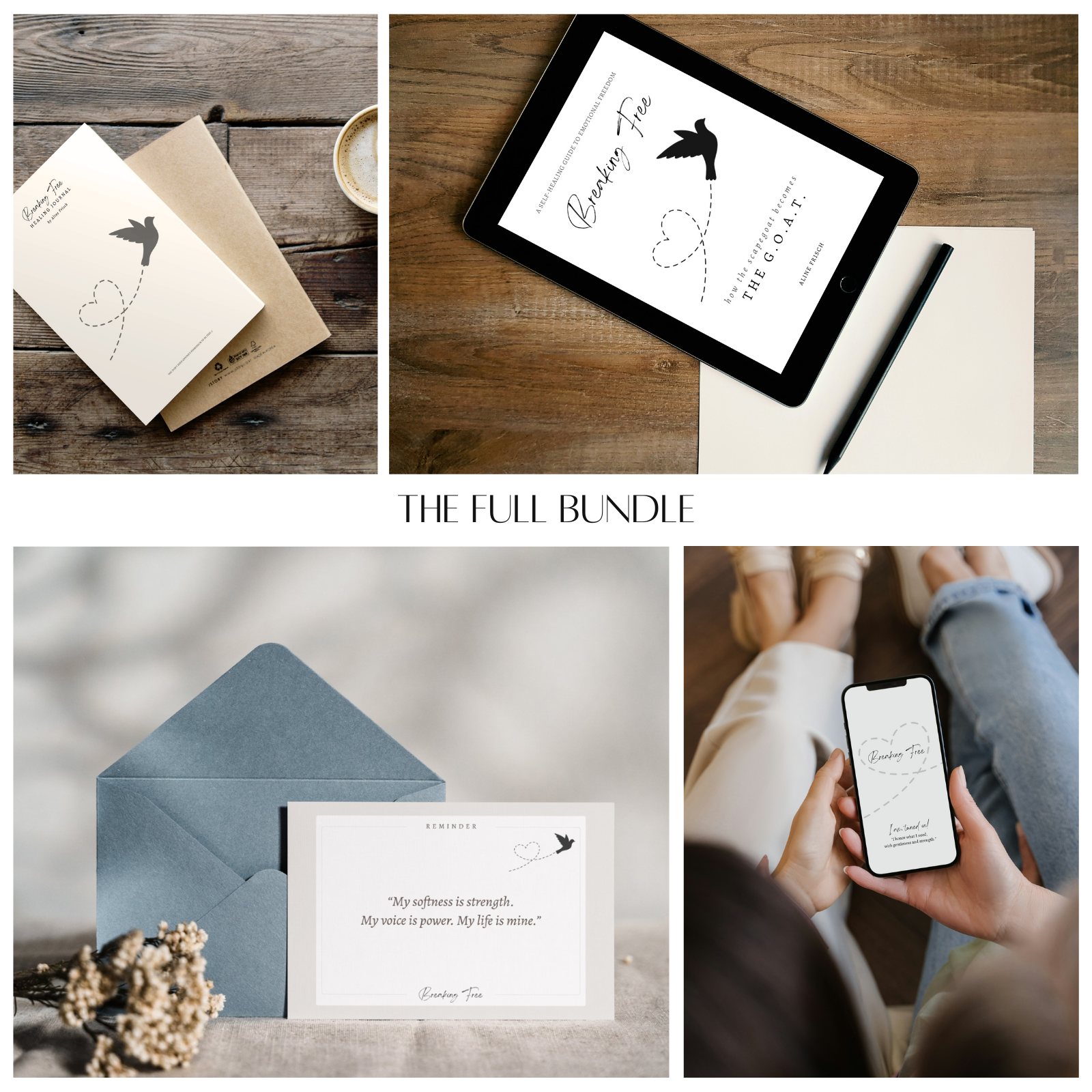 THE FULL BUNDLE Breaking Free - How the scapegoat becomes the G.O.A.T _ Healing Journal, phone wallpapers (iphone and Android), affirmation cards and the ebook in pdf and ePub