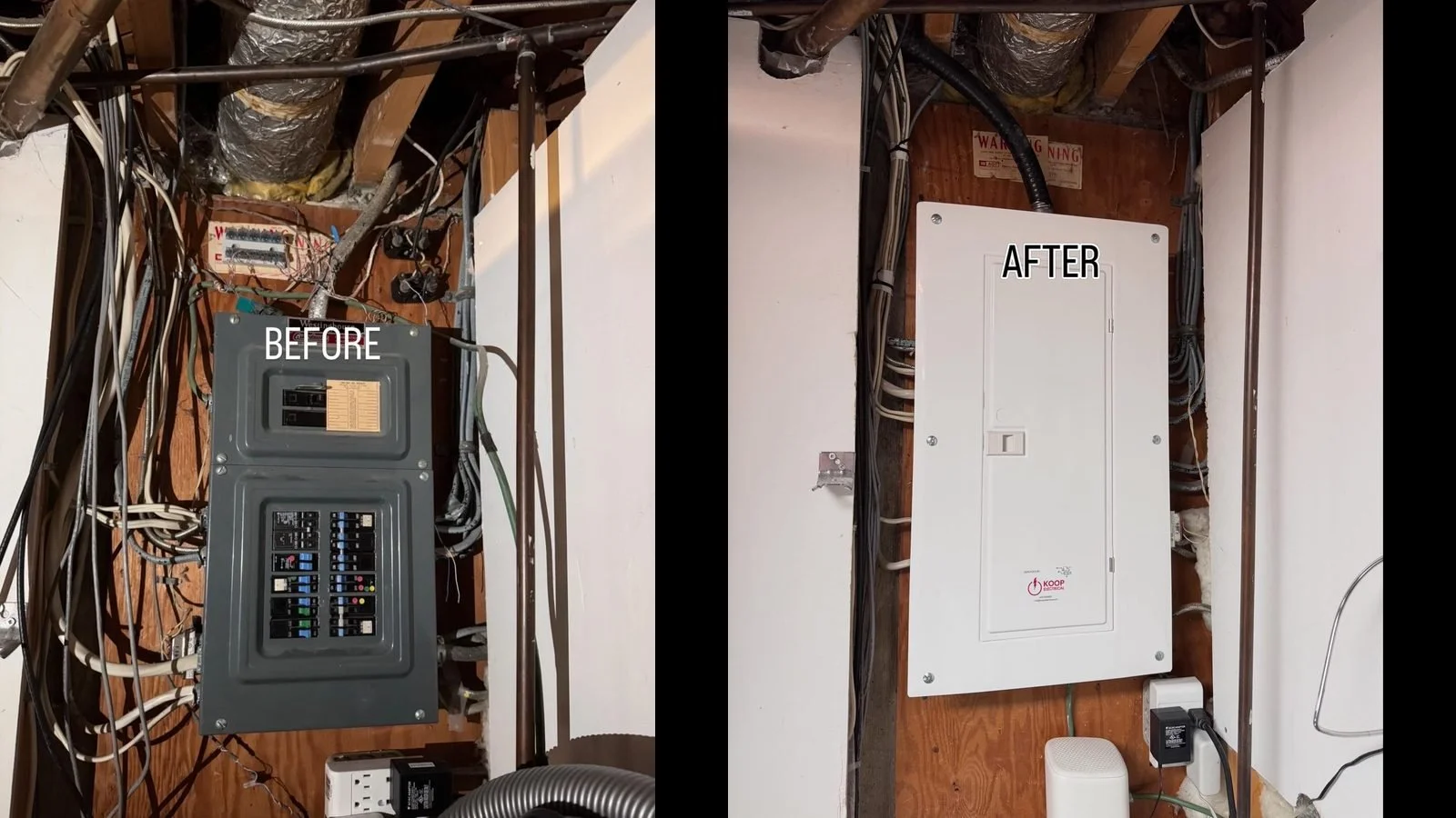 Electrical panel upgrades in Calgary: four before-and-after panels, from $2,800