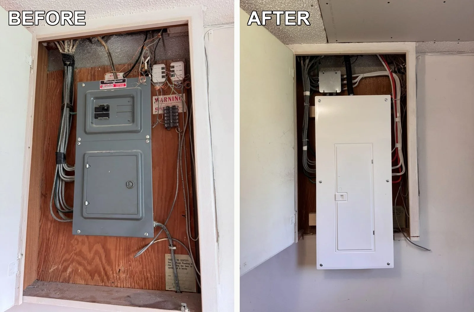 Before and after: an old grey electrical panel in a hallway closet with exposed splices, and the new panel installed by Koop Electrical in the same closet, Calgary