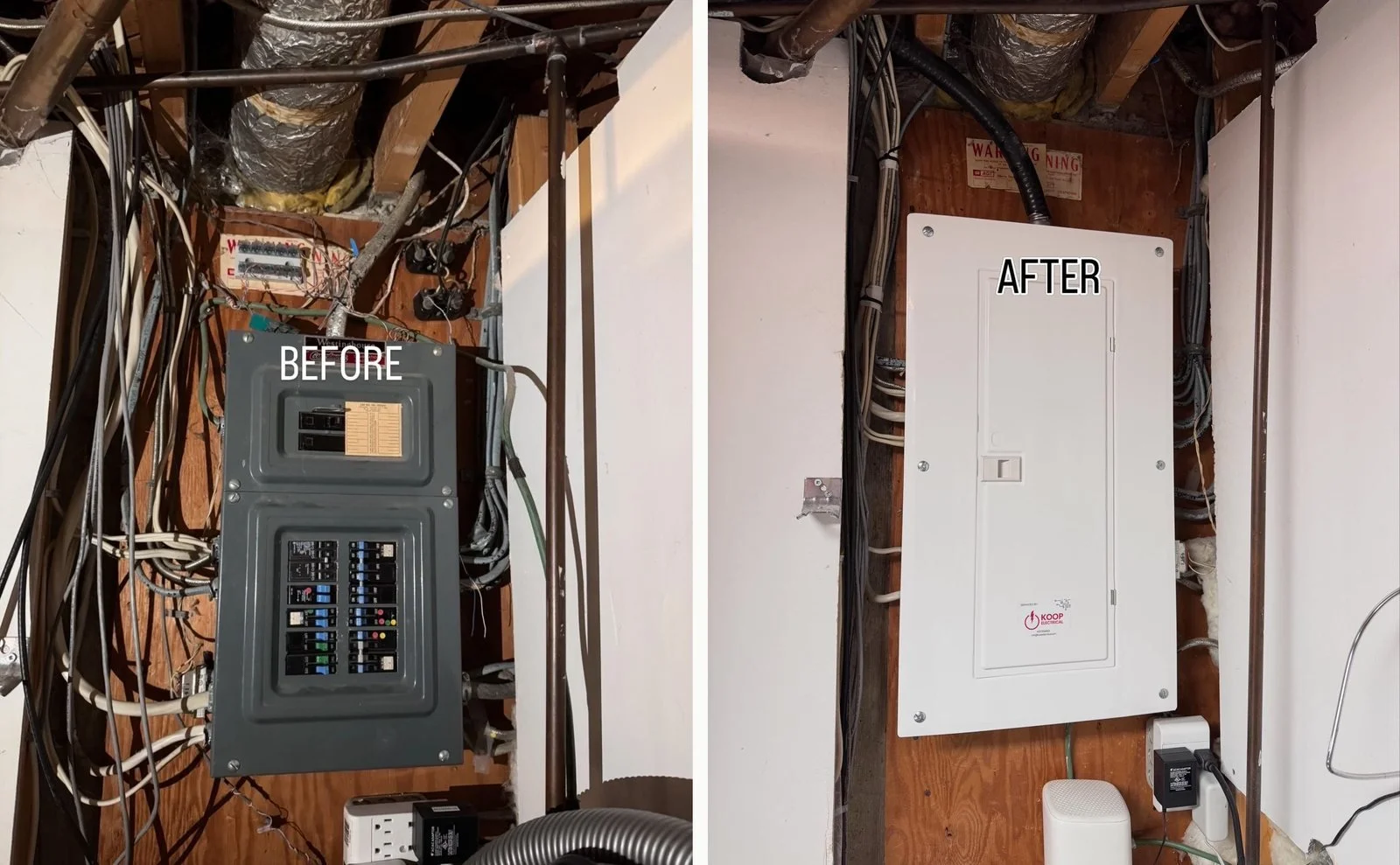 Before and after a panel upgrade by Koop Electrical in a Calgary basement: the old panel at the end of a tangle of cables across the ceiling, and the new panel with the cables re-routed and a Koop label on the door