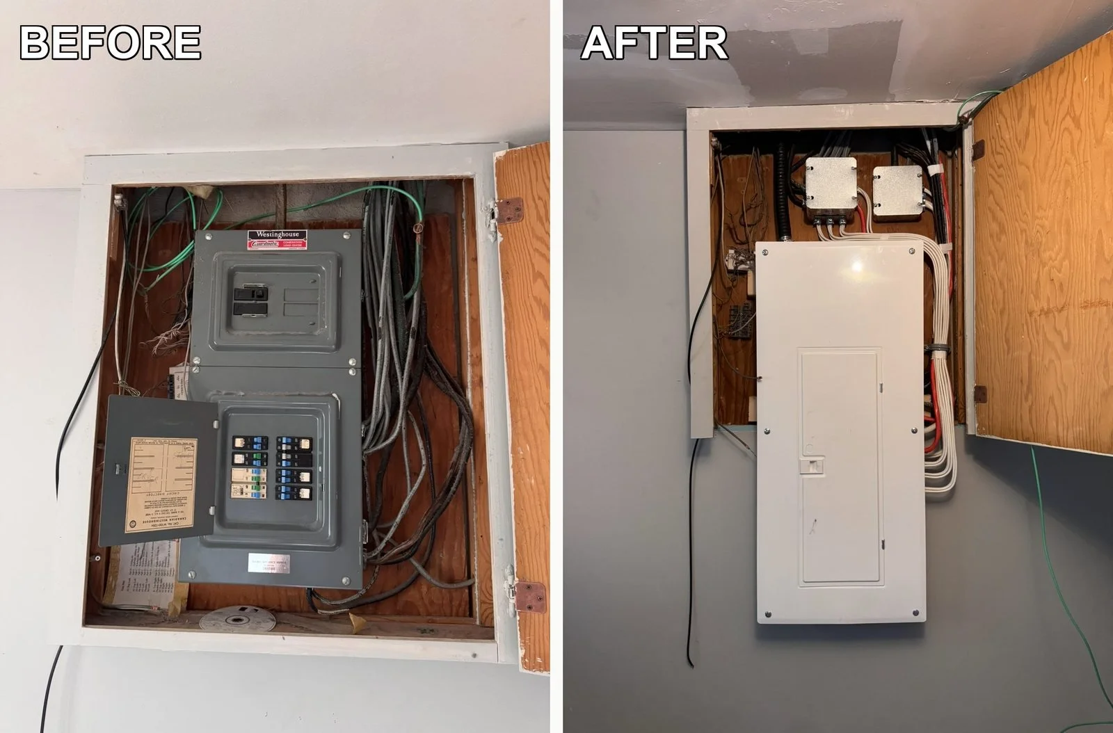 Before and after: an old electrical panel with a hand-written circuit sheet inside the door, and the new panel with a typed circuit directory installed by Koop Electrical, Calgary