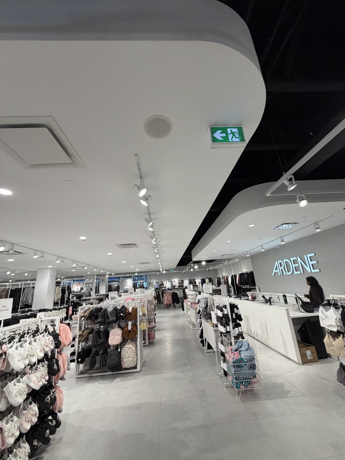Ardene sales floor at Southcentre Mall, Calgary, evenly lit by track lighting after the retrofit by Koop Electrical
