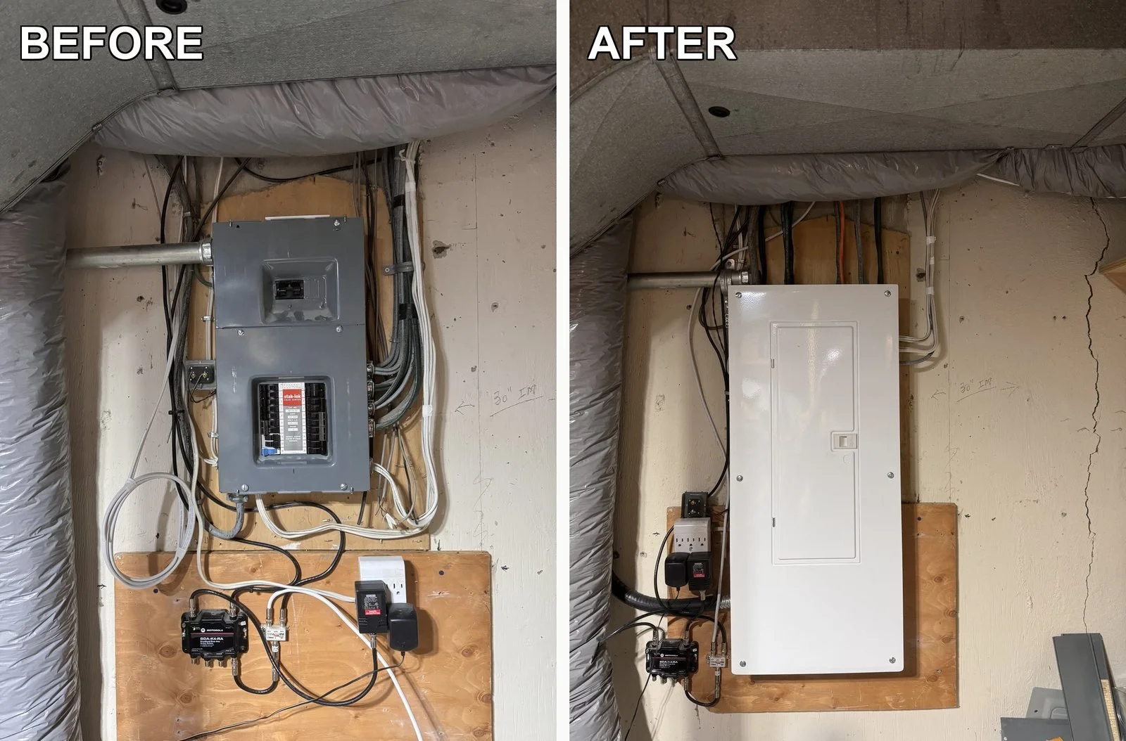 Before and after: an old Federal Pioneer Stab-lok electrical panel in a Calgary basement, and the new white panel on a fresh backboard installed by Koop Electrical