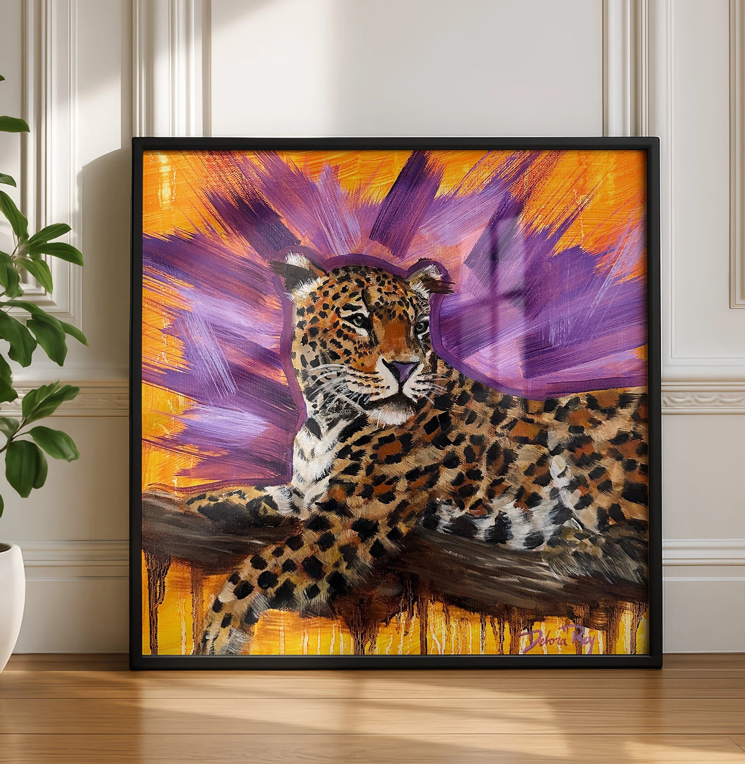 Painted artwork of a leopard resting on a branch with a vibrant purple and orange background.