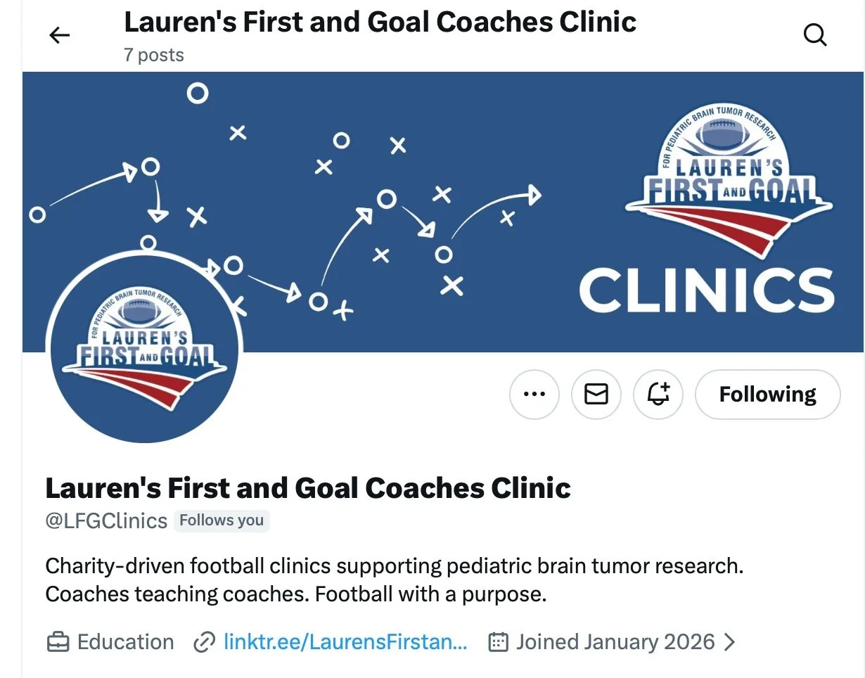 Visit us on X @LFGClinics. Register for our coaches clinics and support the LFG mission. ttps://linktr.ee/LaurensFirstandGoal
