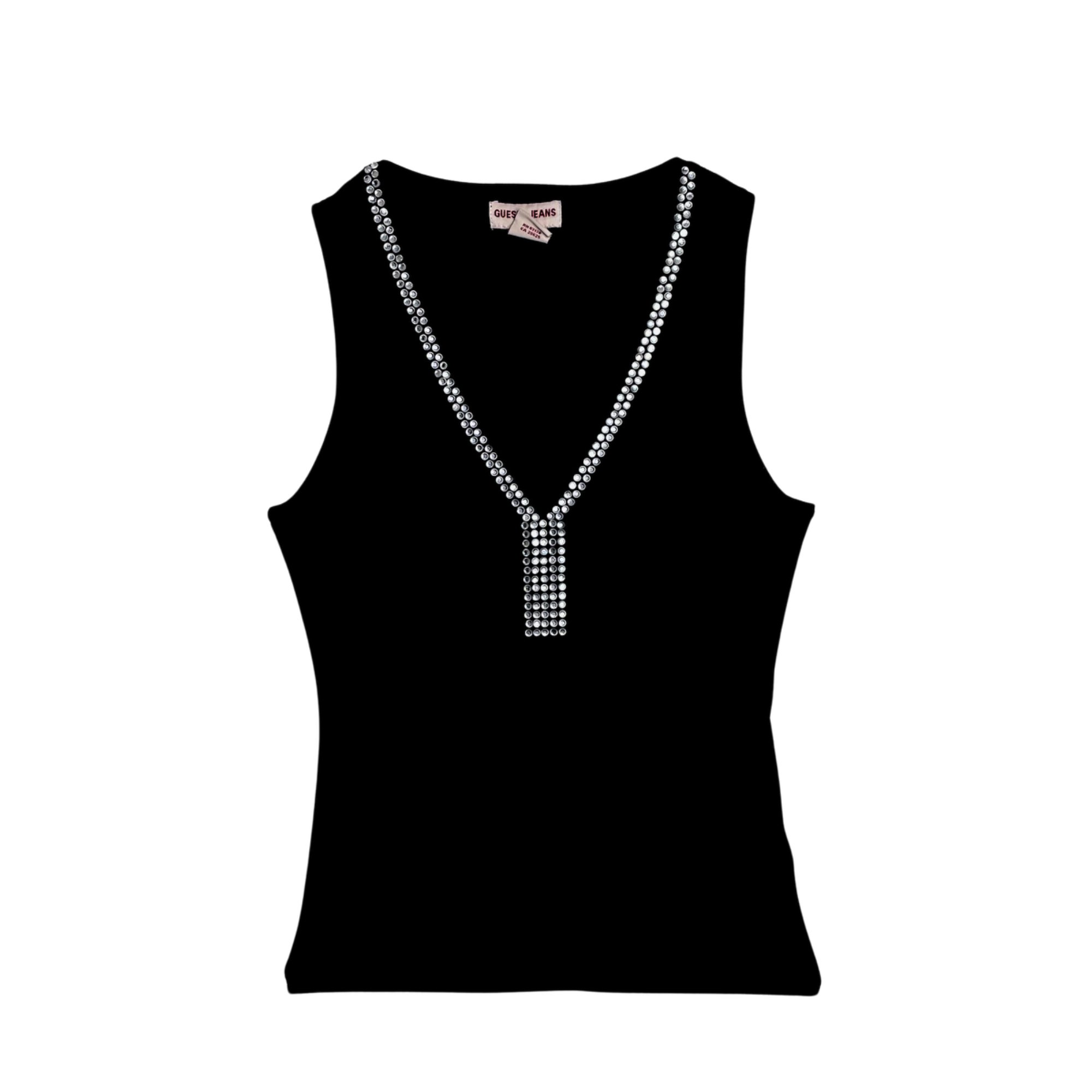 Guess Rhinestone Black V Neck Tank Top
