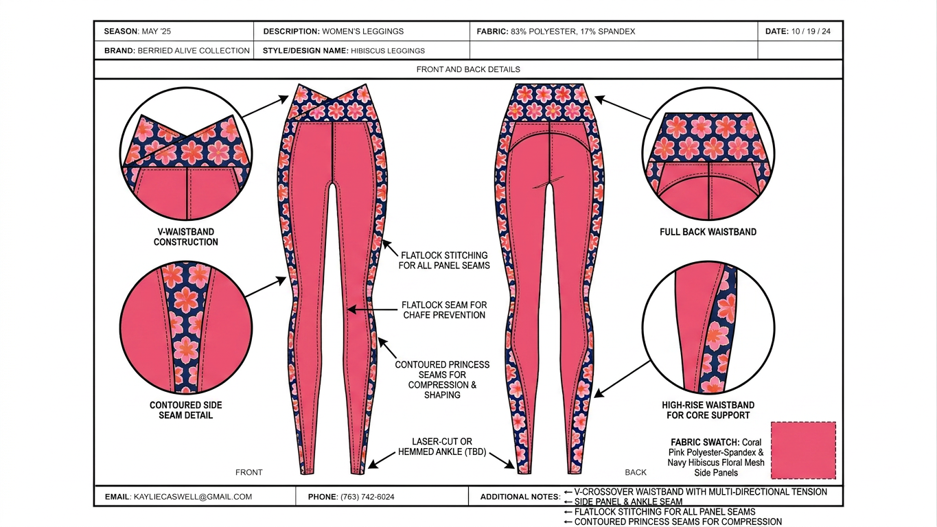 High-waisted, full-length women's leggings in coral pink polyester-spandex with navy floral side panels and waistband, fitted contoured seams, straight-on front and back views.png