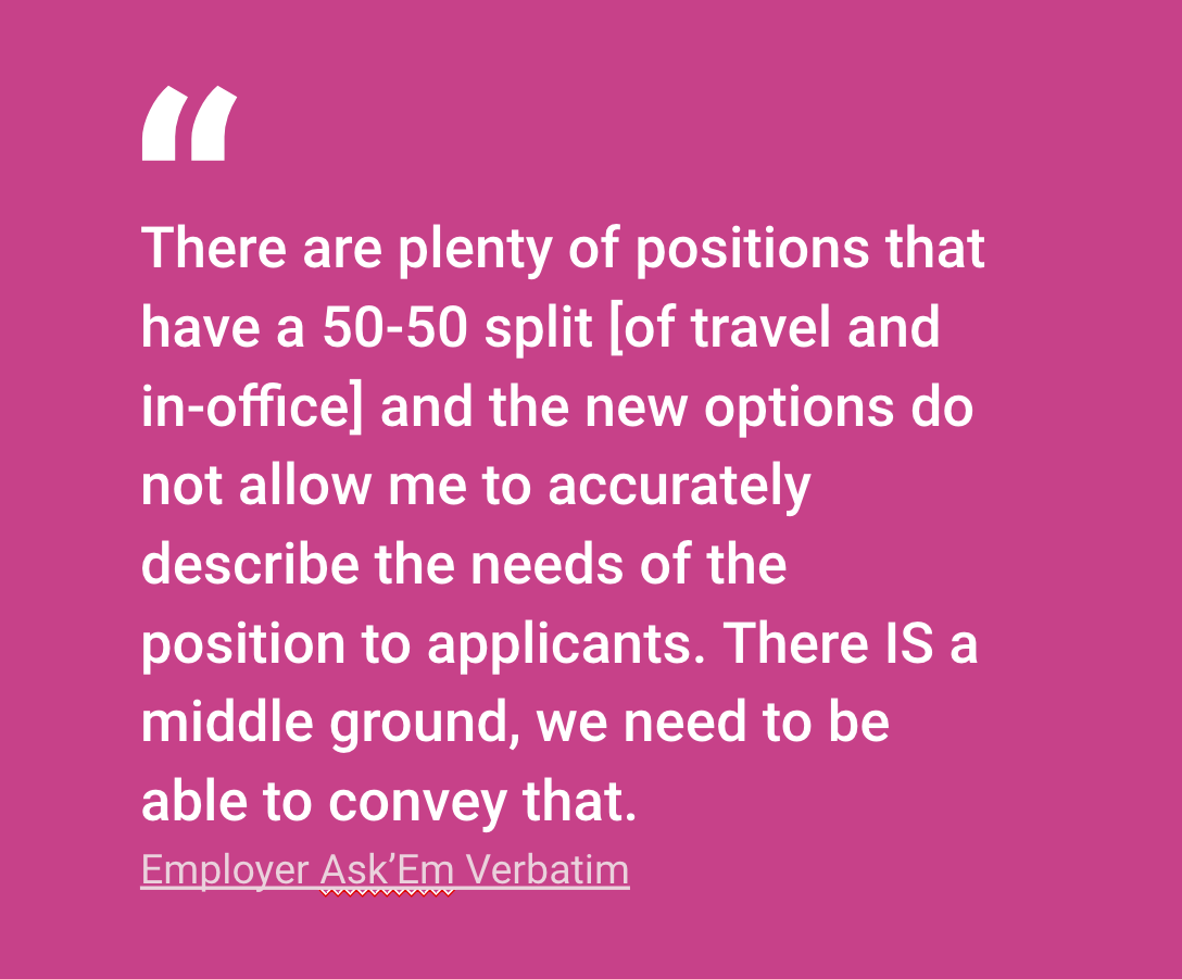 Non-single point and complex location types are not handled well today.

It's difficult for employers to convey nuanced location information for jobs that are on-the-road multi-location, hiring across multiple locations, or confidential.

In the Host