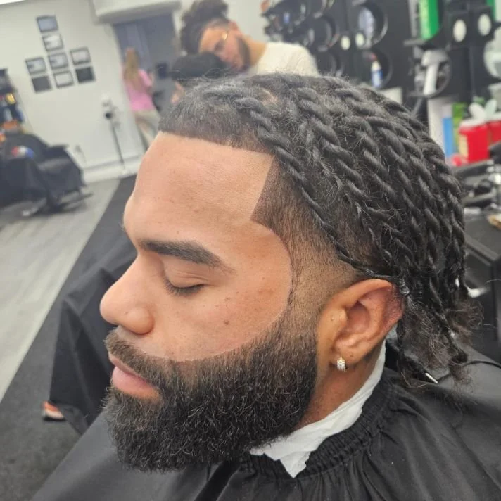 Side profile of men's two-strand twists with a crisp line-up, temple fade, and shaped beard, done at Gem City Barbers in Erie, PA.