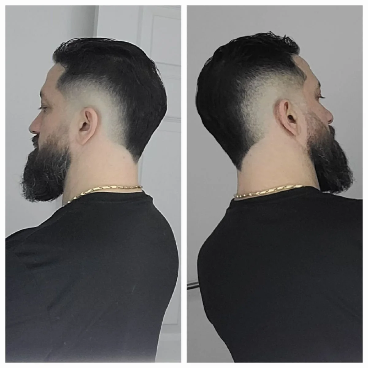 Before and after side-by-side showing the back of a men's slicked-back undercut with a low fade, cut by Ben Santiago at Gem City Barbers in Erie, PA.