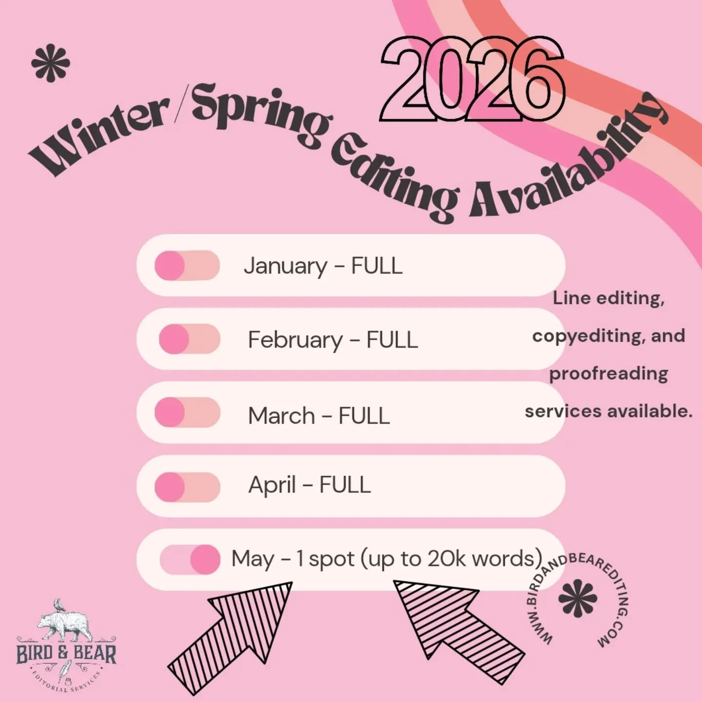 Spring 2026 (and most of summer) is full EXCEPT for a short work spot in May. If you've got a short story, novella, or a collection of bonus scenes you'd like to get edited, and it doesn't exceed 20k words, feel free to snap up the spot for a flat fe